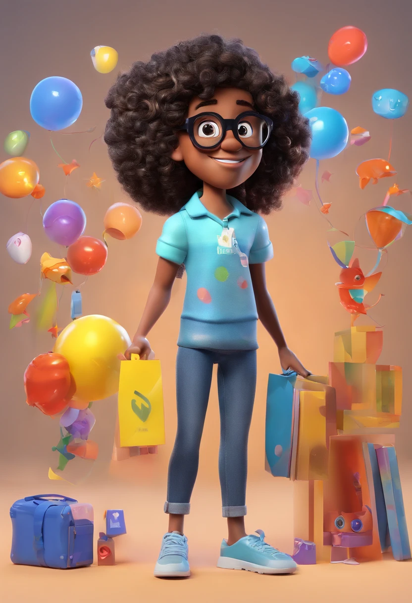 Estilo Pixar: Adult black man with glasses, A curly-haired child with black eyes , A white woman plus size curly hair with glasses ,3D Poster,Disney