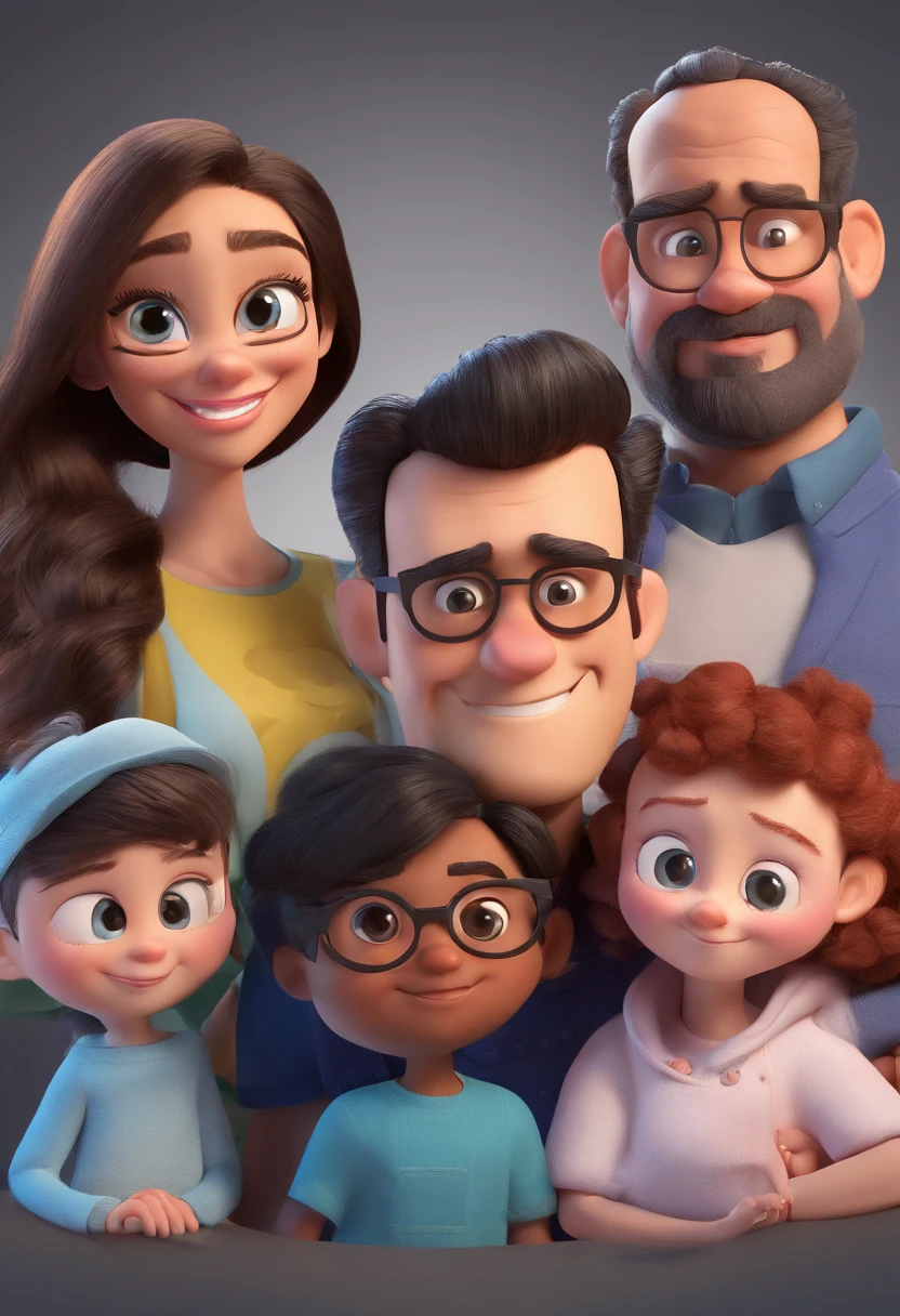 Estilo Pixar: The adult man, black shirt with his black shirt wife, a teenage son in black shirt and a daughter in white sweatshirt in front in Adams family style