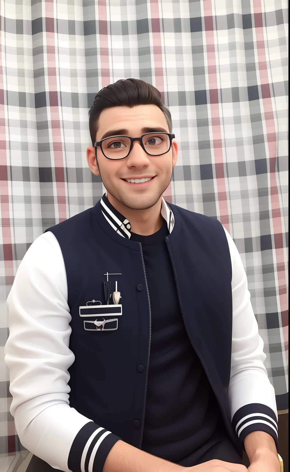 Um homem de 30 anos, com cabelos castanhos curtos,face de diamante, olhar rigoroso, e olhos castanhos, Wearing white white shirt with tie and glasses.