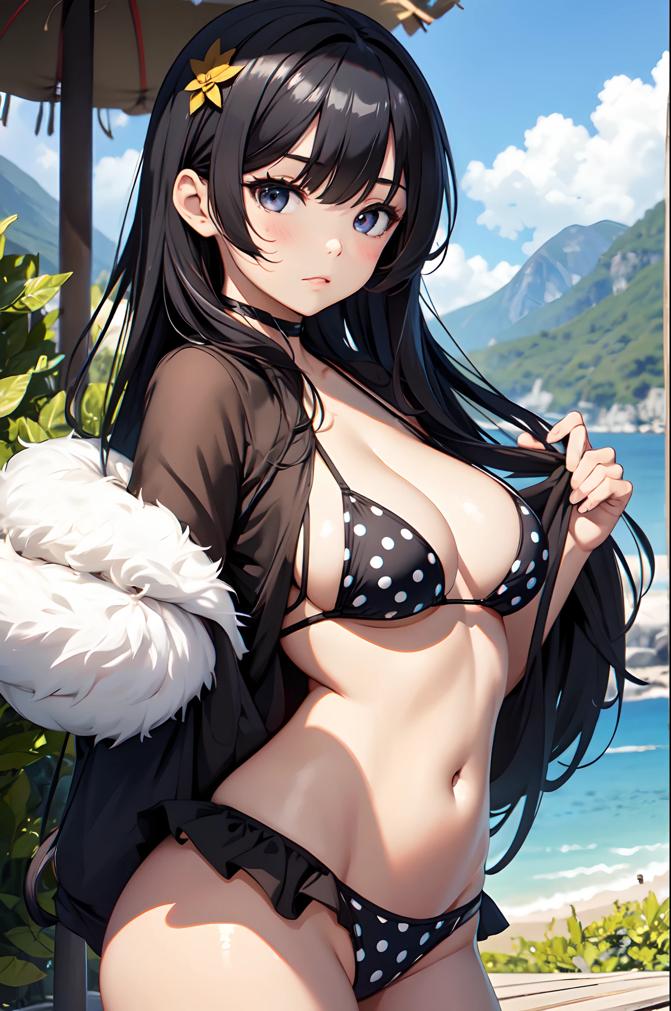 Illustration of a cute bikini model girl, (Anime style:1.2), masutepiece, Best Quality, ultra-detailliert, 4K, absurderes, hight resolution,BREAK,
1girl in, bikini model, Solo, (early teen, Loli face:1.6), Huge eyes with dense details, shiny eyes, Black long straight hair, Blunt bangs, Large breasts, Curve, BREAK,
(Glossy polka dot micro bikini top, cleavage), BREAK,
Autumn Mountains々, Petricular muscle, Lots of weeds, The tree々Sunlight passing between, , (Background blur), BREAK,
Full body, (Pause of bikini models:1.2), from the front side. BREAK,
Black hair, BREAK,slenderbody