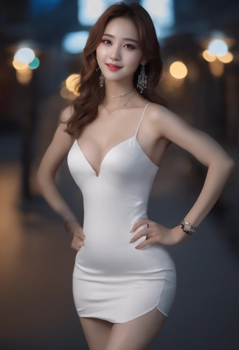 8K, masutepiece, Raw photo, Best Quality, Photorealistic, Highly detailed CG Unity 8K wallpaper, depth of fields, Cinematic Light, Lens Flare, Ray tracing, (Extremely beautiful face, Beautiful lips, Beautiful eyes), intricate detail face, ((Ultra detailed skin)) 1girl in, In the Dark, deepshadow, Pretty Korean girl, Kpop Idol, 1 girl, (Very slim and slender fit muscular body:1.3), ((Looking at Viewer)),(Big smile:1.3), (Midnight, a dark night, (Neon sign), (Blurred background), Dim light), (No people in the background:1.3), Beautiful earrings, Bracelets, Necklace, pantyhose, Clear eyes, Walking , Front shot, (pale skin), (Big eyes), Face forward, (Full body shot), (Brown hairs), open navel, (Looking at Viewer:1.3), Very slim, medium breasts, (Camel toe), thick thighs, turn back, (fluttering mini dress), ((White Collar Dresses)), (Tight skirt), ((backtrack, Back shot)), Ultra mini skirt, exposed ass, upper Shot