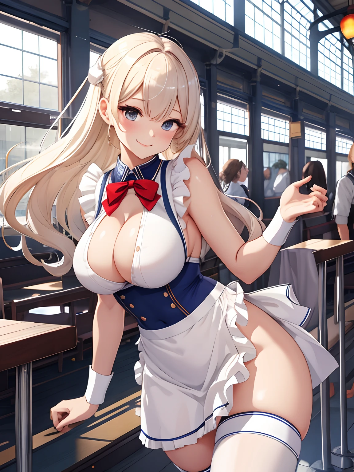 top-quality、realistic touch,high-detail、photoRealstic、 Erotic sailor suit、High students、Long body、Sheer costumes、skirts that are too short、Not wearing underwear、big eye、long lashes、Long upper eyelashes、platinum-blonde、cute little、Beautie、A sexy、Railway Station Platforms、full body Esbian、Sparkling eyes、Submissive smile、Flushed cheeks、Kamimei、Big buttocks、thin-waist、Sleeveless、visible from the side、Sexy armpits、Voluptuous thighs、Enraptured look、Apron costume、