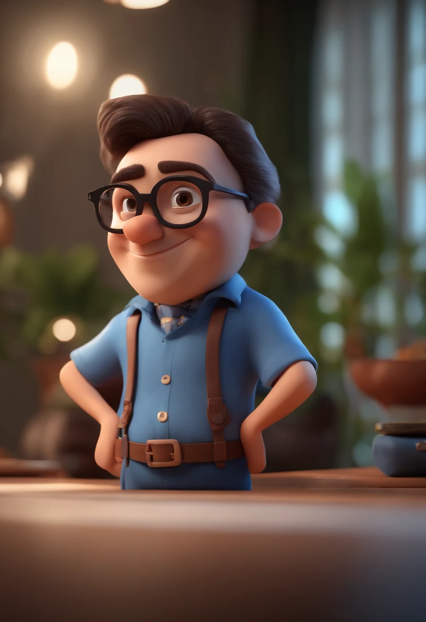 Cartoon character of a man with black glasses and a blue shirt, animation character, Caractere estilizado, animation style rendering, 3D estilizado, Arnold Maya render, 3 d render stylized, toon render keyshot, Personagem 3D, Personagem 3D, 3d rendering stylized, 3 d character render, personagem de desenho animado, Personagem de close up, Pose de personagem,  (Estilo Pixar) (master part:1.2) (Bokeh) (best quality) (pele detalhada) (textura detalhada) (8k) (argila) (Cinematic lighting) (foco nítido