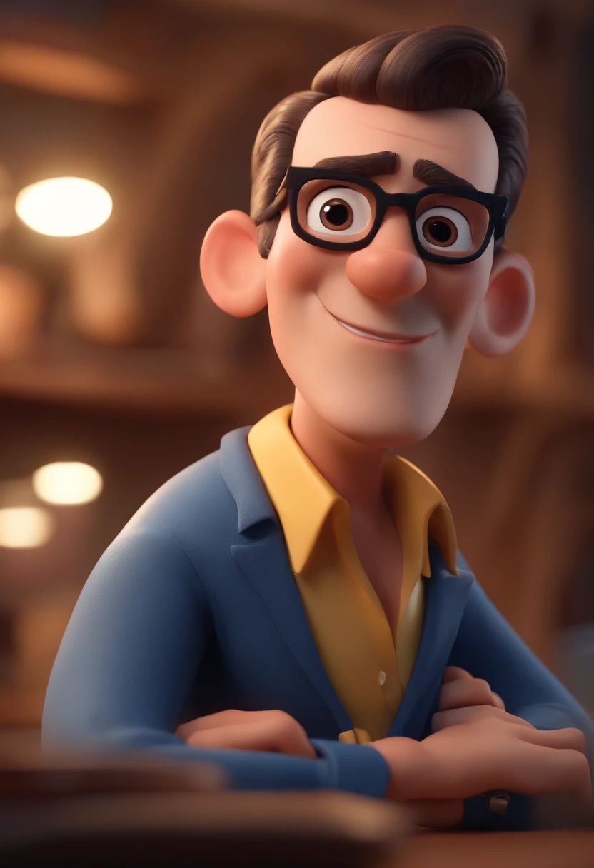 Cartoon character of a man with black glasses and a blue shirt, animation character, Caractere estilizado, animation style rendering, 3D estilizado, Arnold Maya render, 3 d render stylized, toon render keyshot, Personagem 3D, Personagem 3D, 3d rendering stylized, 3 d character render, personagem de desenho animado, Personagem de close up, Pose de personagem,  (Estilo Pixar) (master part:1.2) (Bokeh) (best quality) (pele detalhada) (textura detalhada) (8k) (argila) (Cinematic lighting) (foco nítido