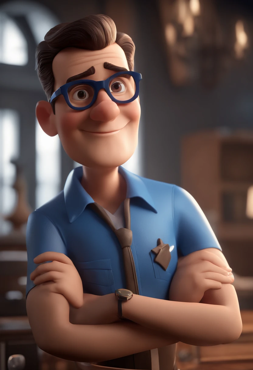 Cartoon character of a man with black glasses and a blue shirt, animation character, Caractere estilizado, animation style rendering, 3D estilizado, Arnold Maya render, 3 d render stylized, toon render keyshot, Personagem 3D, Personagem 3D, 3d rendering stylized, 3 d character render, personagem de desenho animado, Personagem de close up, Pose de personagem, (Estilo Pixar) (master part:1.2) (Bokeh) (best quality) (pele detalhada) (textura detalhada) (8k) (argila) (Cinematic lighting) (foco nítido