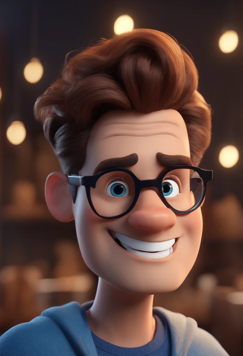 Cartoon character of a man with black glasses and a blue shirt, animation character, Caractere estilizado, animation style rendering, 3D estilizado, Arnold Maya render, 3 d render stylized, toon render keyshot, Personagem 3D, Personagem 3D, 3d rendering stylized, 3 d character render, personagem de desenho animado, Personagem de close up, Pose de personagem, (Estilo Pixar) (master part:1.2) (Bokeh) (best quality) (pele detalhada) (textura detalhada) (8k) (argila) (Cinematic lighting) (foco nítido
