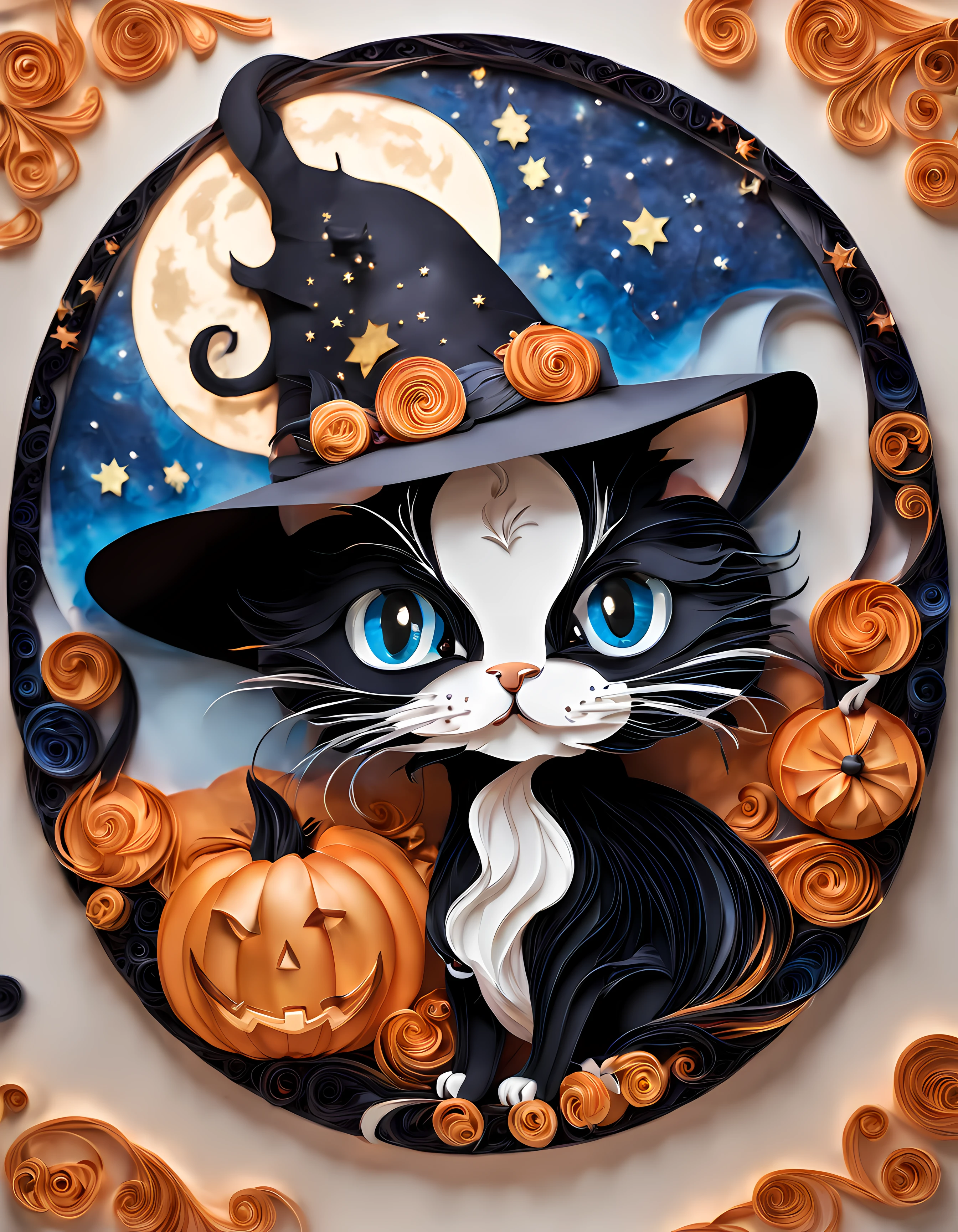 yanzhi,paper quilling, ((view through elegant round Halloween frame)), (solo:1.3) (((cute Halloween black cat))) (((wearing a long hat))) (((looking at the viewer))), ((mystical blue flows)), (bats), breathtaking ((starry)) moonlit night, cinematic lighting volumetric lighting, ((ethereal))