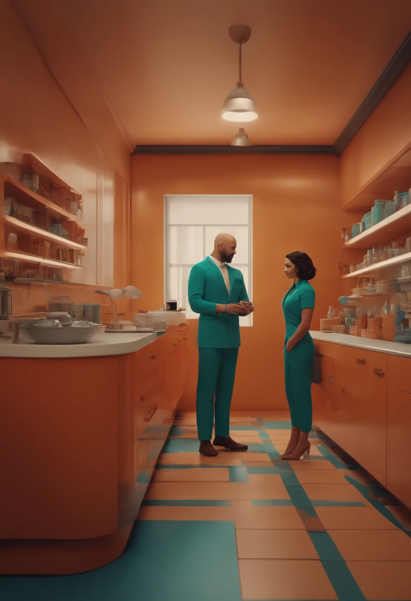 Criar um casal no estilo pixar dentro de um jaleco. Brunette woman and bald man in an aesthetic clinic