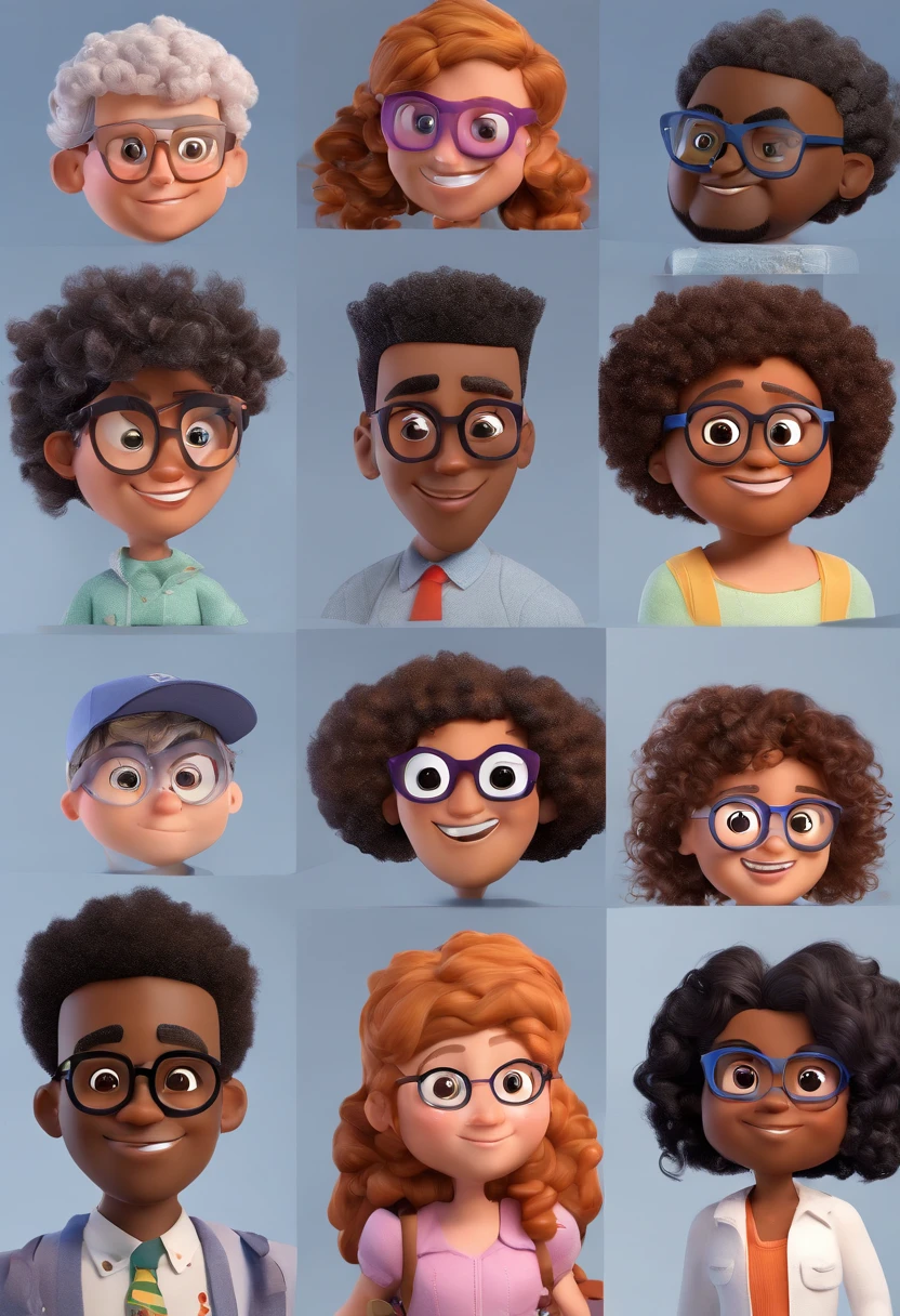 Estilo Pixar: casal , Adult black man with glasses, A curly-haired child with black eyes , A white woman plus size curly hair with glasses ,3D Poster,Disney