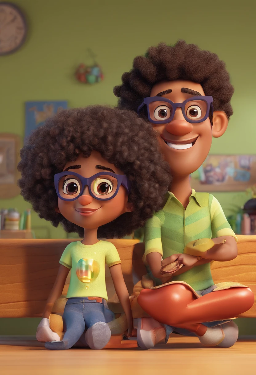 Estilo Pixar: casal , Adult black man with glasses, A curly-haired with black eyes , A white woman plus size curly hair with glasses ,3D Poster,Disney