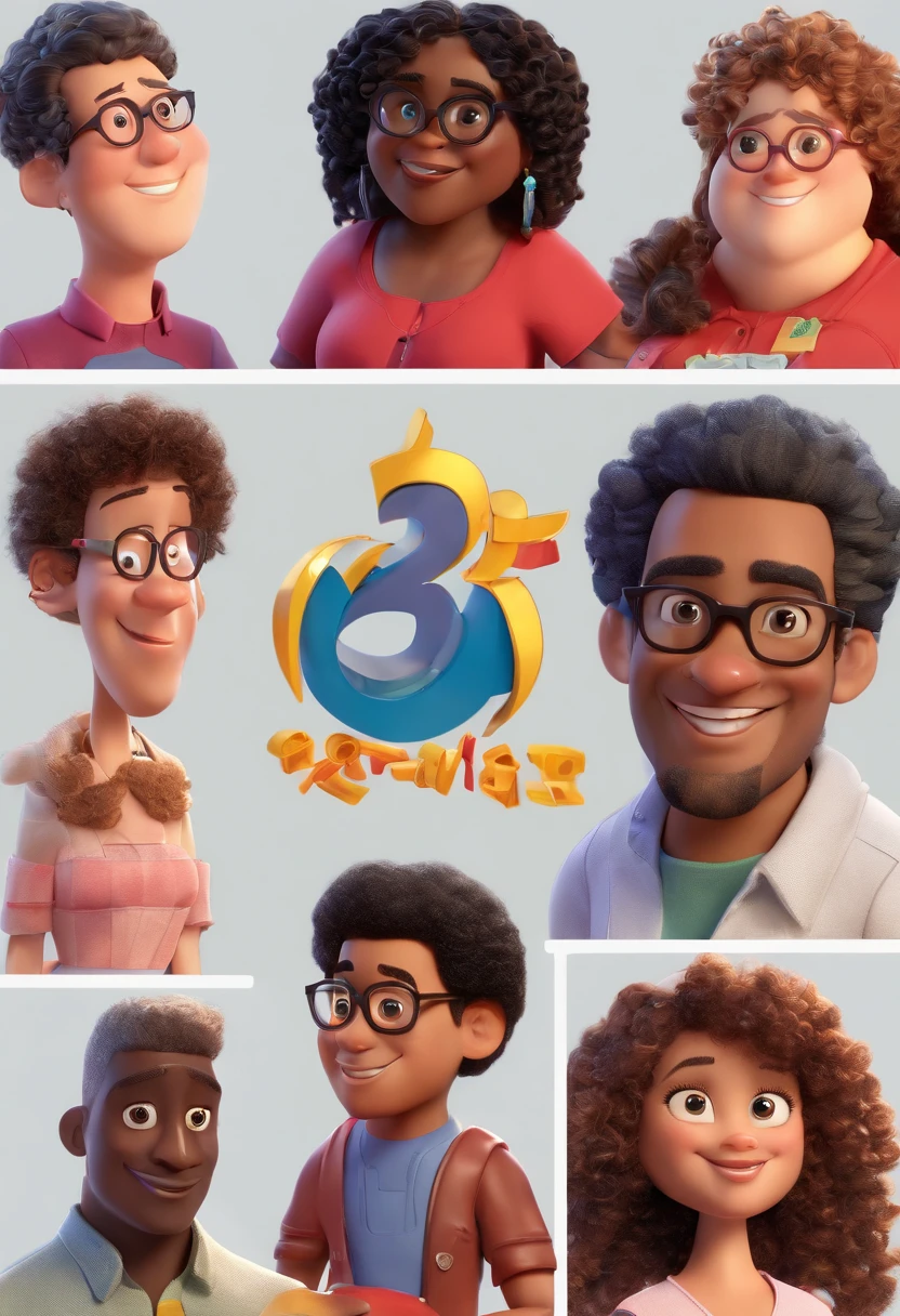 Estilo Pixar: casal , Adult black man with glasses, A curly-haired child with black eyes , A white woman plus size curly hair with glasses ,3D Poster,Disney