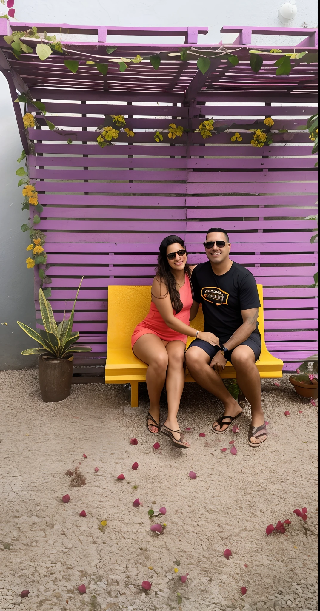 There are two people sitting on a bench in front of a purple bench, Directed by: Nandor Soldier, Directed by: Judith Gutierrez, tomada em 2 0 2 0, retrato de casais, Directed by: Sam Dillemans, Karla Ortiz, in front of the house, 4 k post, Postagem 4k, Fotografia tirada em 2 0 2 0, vacation photo, em jardins de maconha