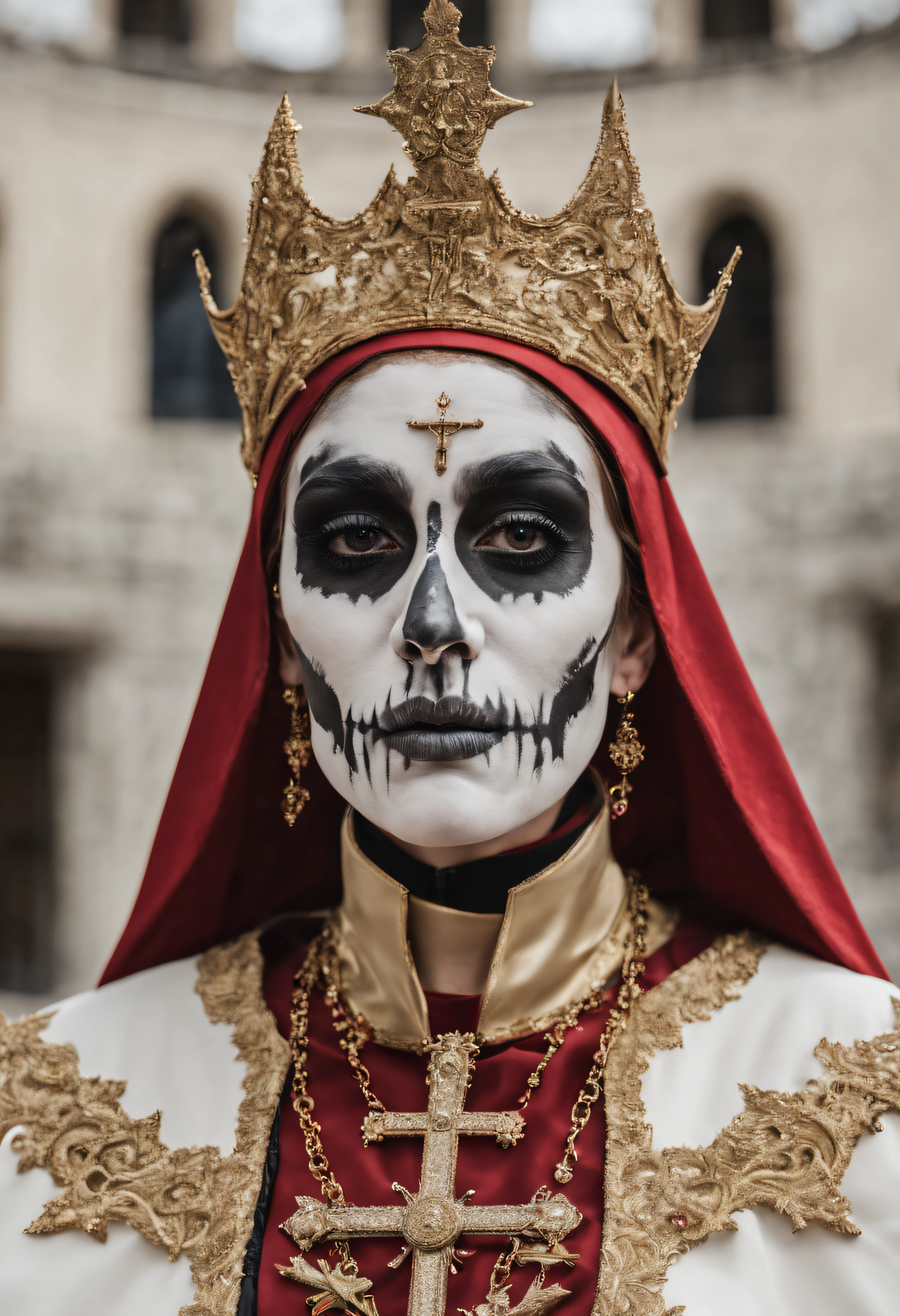 a close up of a woman with a skull face painted like a queen . , close-up portrait goddess skull, beautiful male god of death, portrait of the god of death, saint skeleton queen, portrait of a god of death, portrait of a holy necromancer, goddess of death, dia de los muertos. 8 k, portrait of the angel of death, queen of death