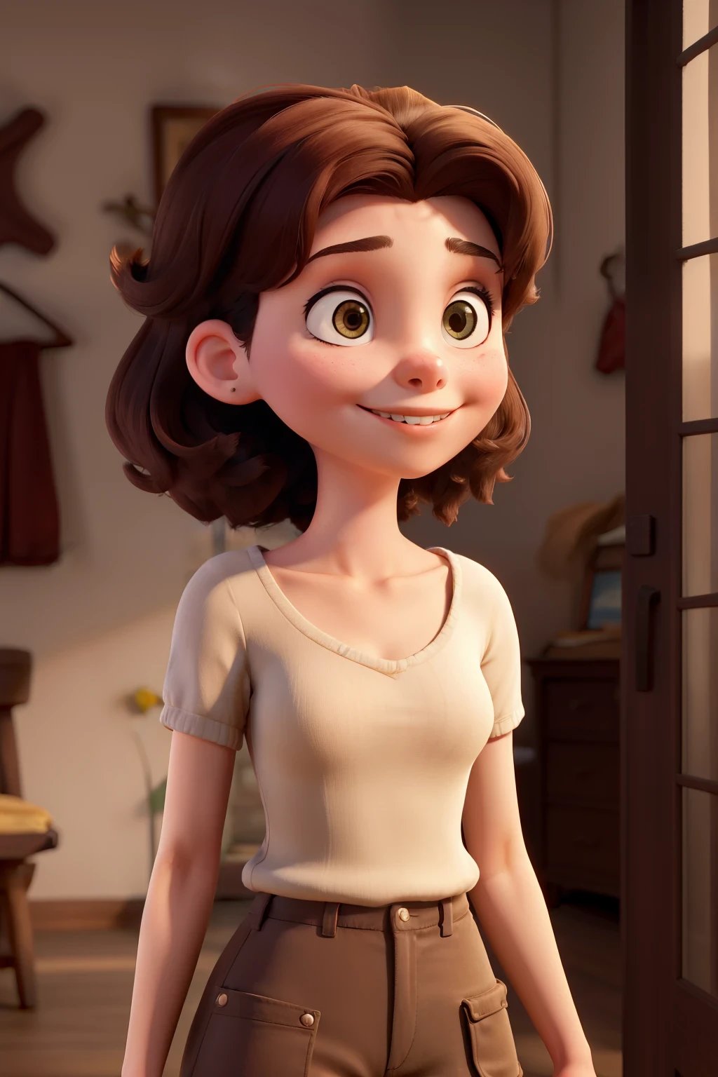girl, with short brown hair, round face with lovely smile, and brown eyes , tight underwear