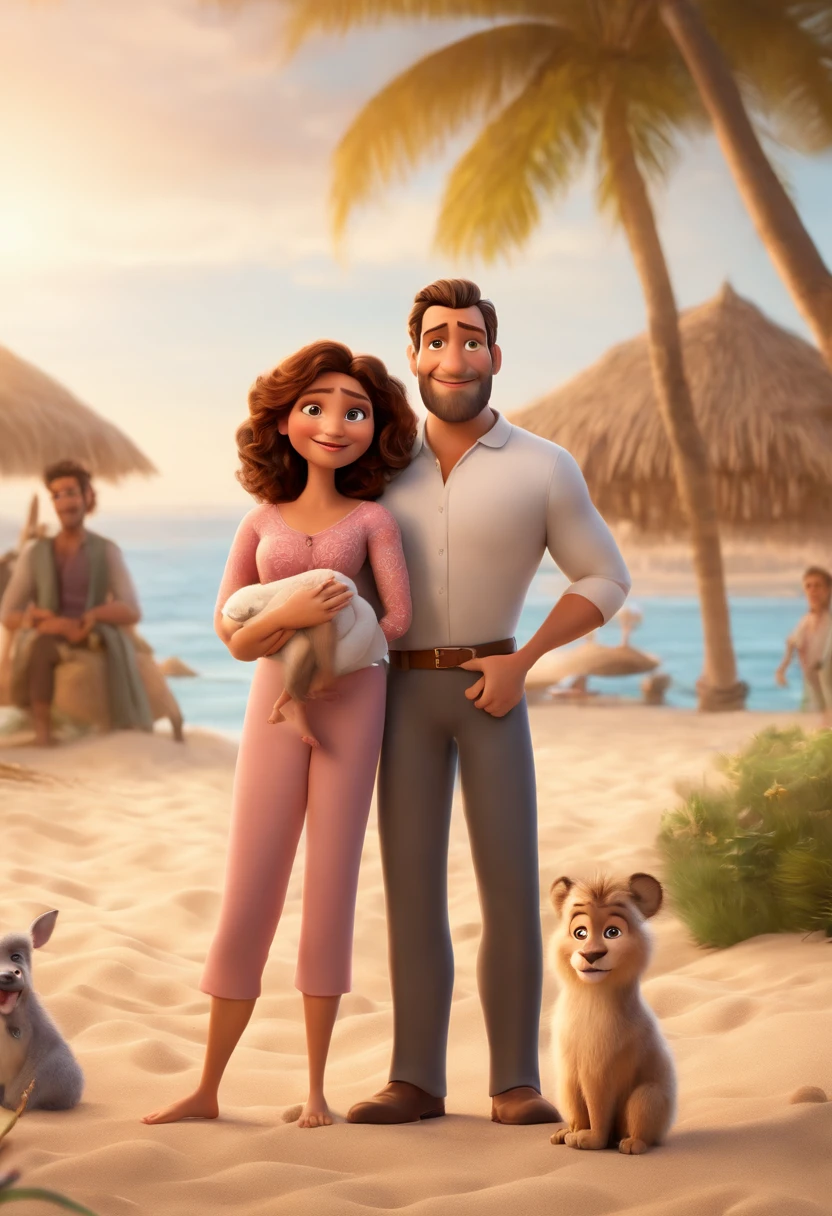 a Disney Pixar movie poster showing a white-skinned family. The father is the tallest, Tem barba curta,cabelos preto, cabelos curtos e espinhosos. Uma tilha mais velha tem olhos e cabelos castanhos, shoulder-length and is slightly overweight. The baby is 9 months old and has brown hair, roupa rosa e rabos de cavalo. The background is a beach garden. 3D-rendering