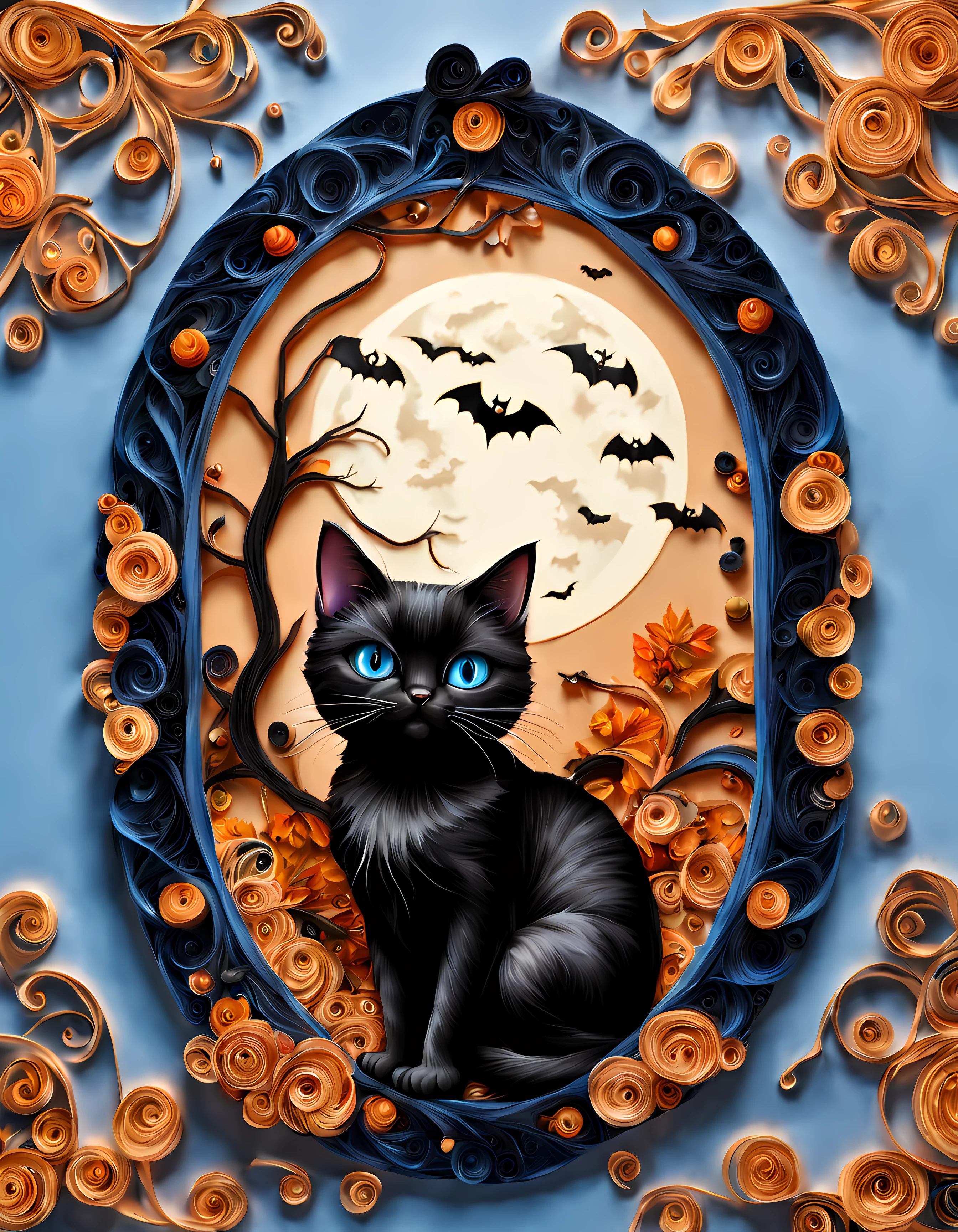 yanzhi,paper quilling, ((view through elegant round gothic frame with a Halloween touch)), (solo:1.3) (((cute Halloween black cat))) ((vivid eyes)) (((wearing a long hat))) (((looking at the viewer))), ((mystical blue flows)), ((gothic tall towers)), (bats), breathtaking ((starry)) moonlit night, autumn vibes, wooden planks background
