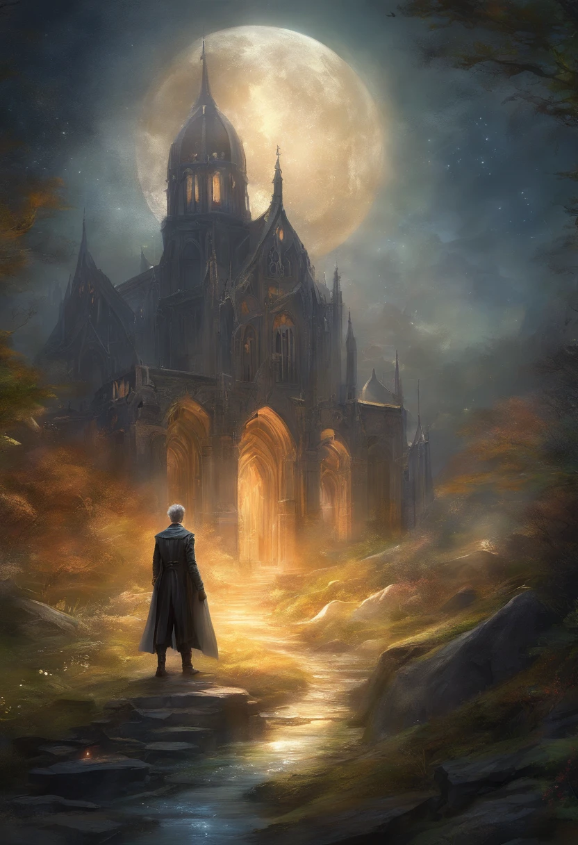 Boy with silver spiked hair、tailcoat、Abandoned churches、Darkness at night、Moonlight shining in