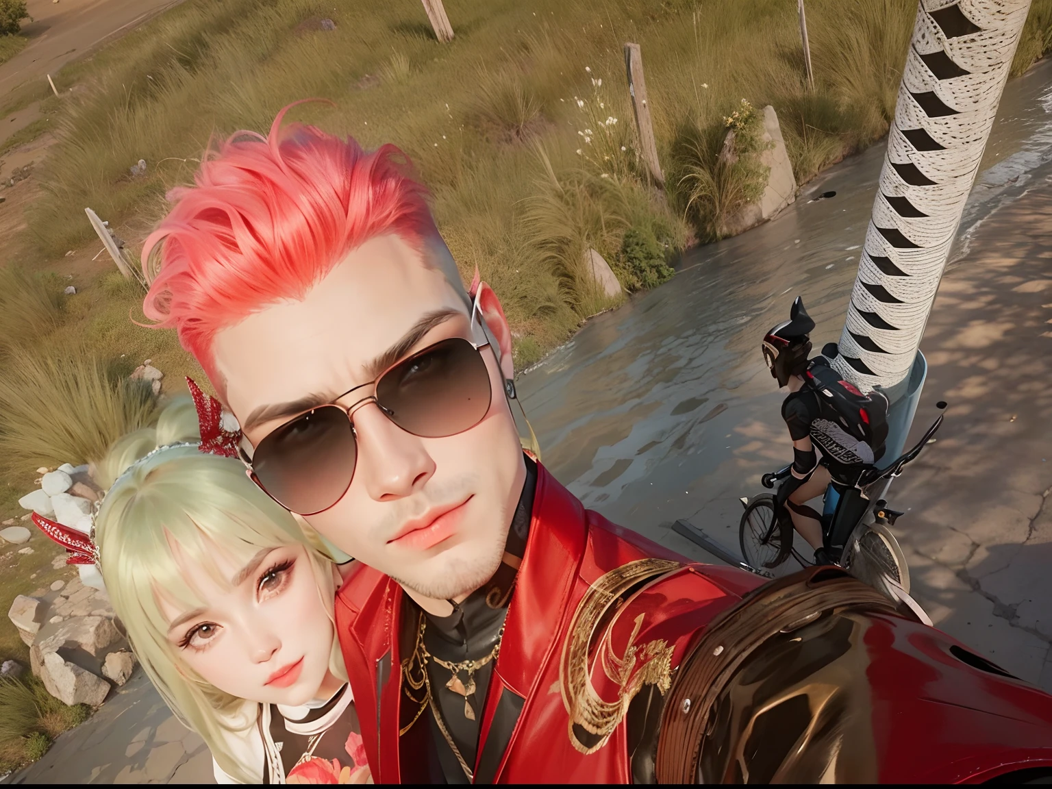 Two people, a man and a woman, couple, beautiful woman, wearing tops, shorts, riding, handsome man, suit