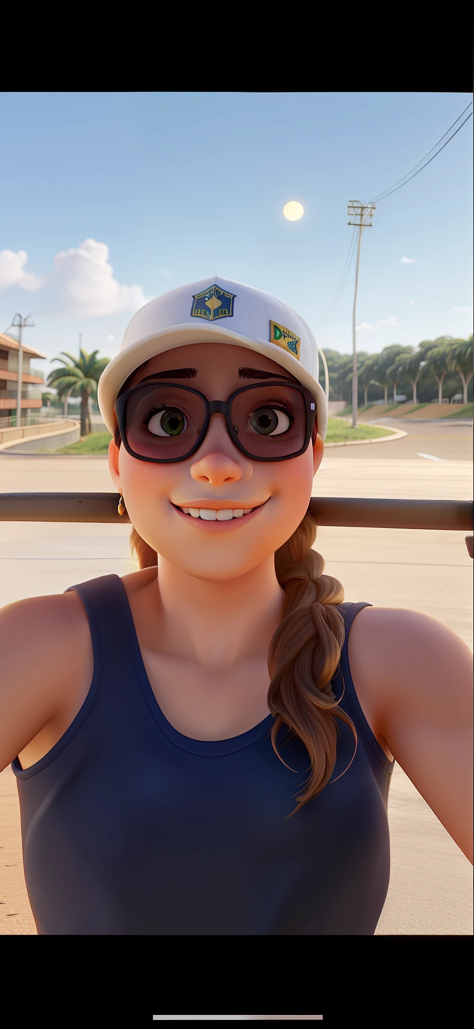 Mulher brasileira, cabelo castanho claro. Na frente, Wearing sunglasses, pista de skate e por do sol ao fundo