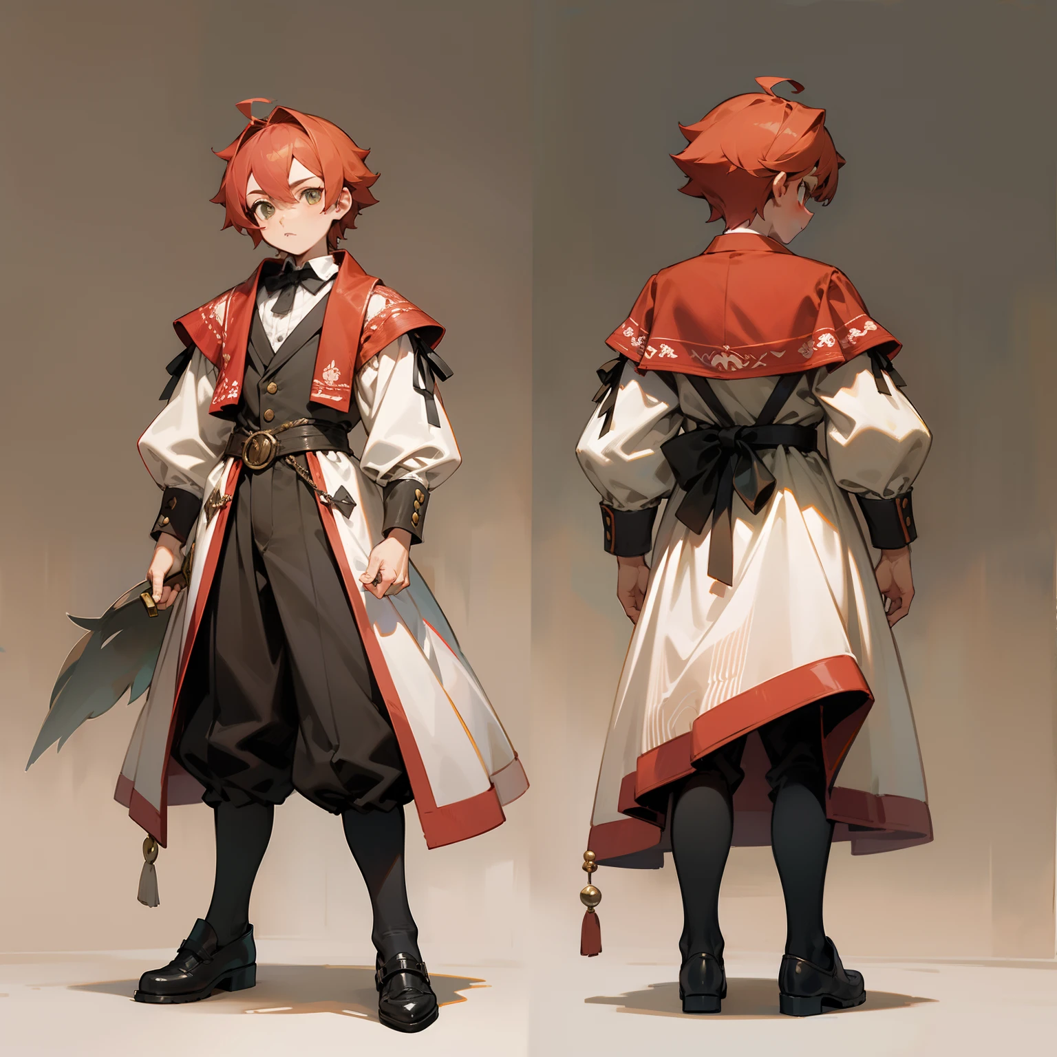 retrato, design de personagens, retrato do personagem, menino, 18 anos, corpo inteiro, Hunters who grew up in pioneer villages, cabelos ruivos curtos, Traje Nacional, mesma pessoa, mesma roupa, fundo simples, fundo branco, Multiple views, Front view, Back view, side view
