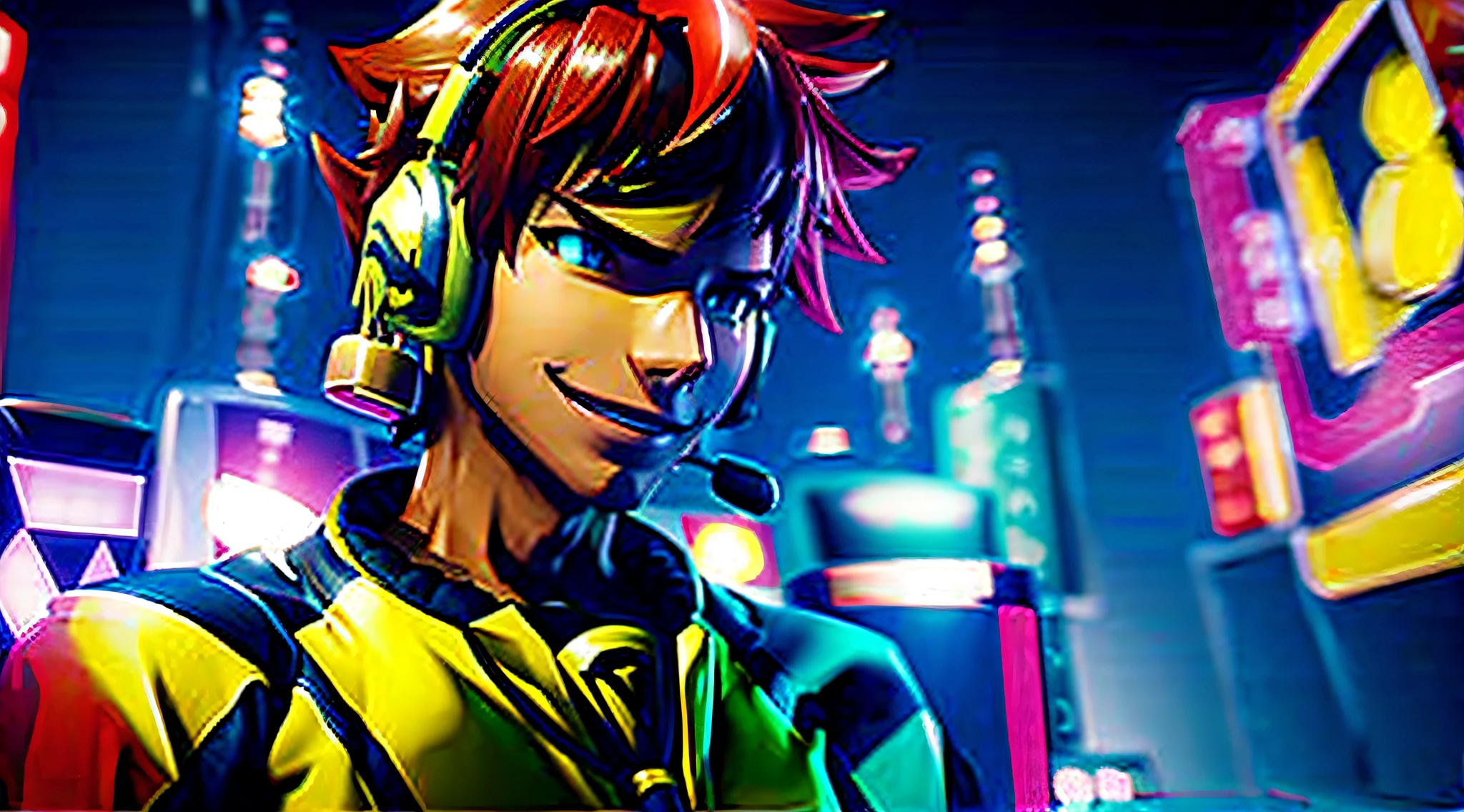 gamer young man, wearing headphones, with gamepad, with a playful and cheerful look, Character 3D Colorful, colors, UItra, 3D render, 16K, --q 5 --ar 7:4