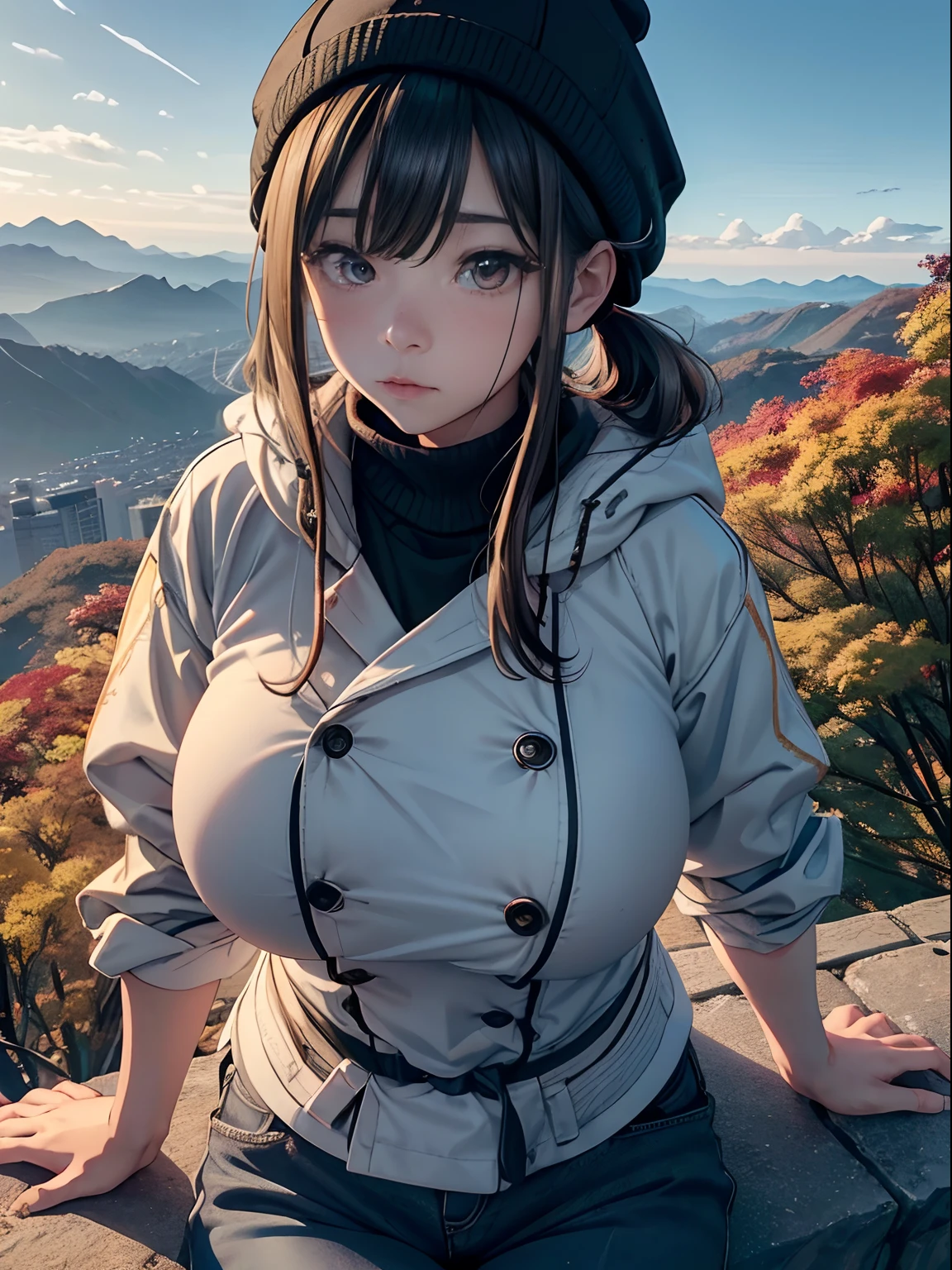 A age girl、(masterpiece:1.4)、(in 8K、realisitic、Raw photo、top-quality:1.4)、(Real Face:1.4)、(real looking skin:1.3)、超A high resolution、A hyper-realistic、Eyes in Beautiful Details、Brown low ponytail、mountaineering、Mountaineering coat、knit hat、(huge-breasted:1.5)、gargantilha、Blushing、alluring face、autumnal、on a cliff