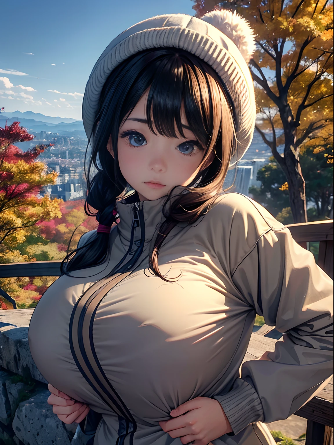 A age girl、(masterpiece:1.4)、(in 8K、realisitic、Raw photo、top-quality:1.4)、(Real Face:1.4)、(real looking skin:1.3)、超A high resolution、A hyper-realistic、Eyes in Beautiful Details、Brown low ponytail、mountaineering、Mountaineering coat、knit hat、(huge-breasted:1.5)、gargantilha、Blushing、alluring face、autumnal、on a cliff