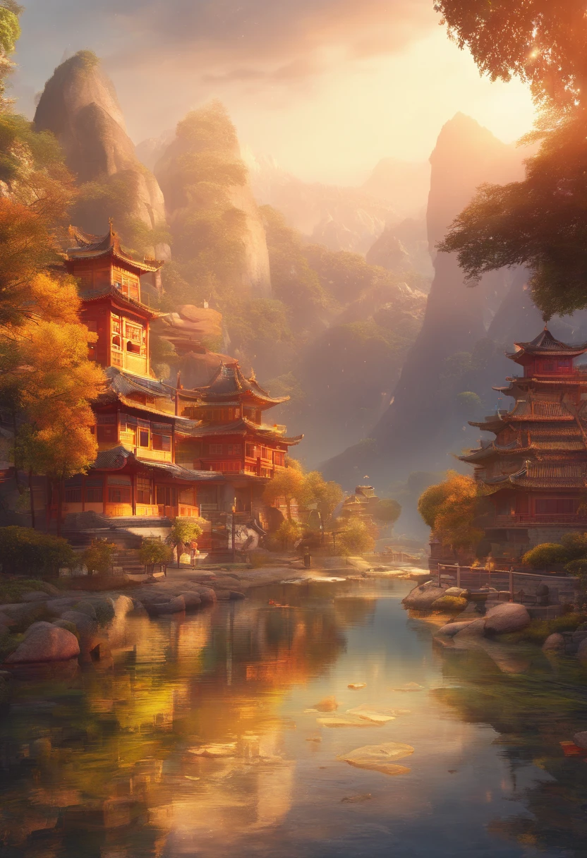 Arte Oficial, China antiga, Ruas Antigas, (Muitos vagalumes), (Noite), (lua), Luzes, Beautiful landscapes, epic landscapes, realistic lighting, Obras, alta qualidade, graphics beautiful, High detail, global ilumination, Unreal Engine Rendering, octane rendering, (HDR:1.3)