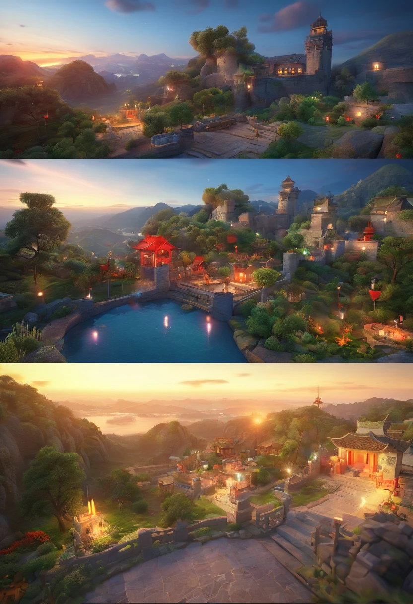 Arte Oficial, China antiga, Ruas Antigas, (Muitos vagalumes), (Noite), (lua), Luzes, Beautiful landscapes, epic landscapes, realistic lighting, Obras, alta qualidade, graphics beautiful, High detail, global ilumination, Unreal Engine Rendering, octane rendering, (HDR:1.3)