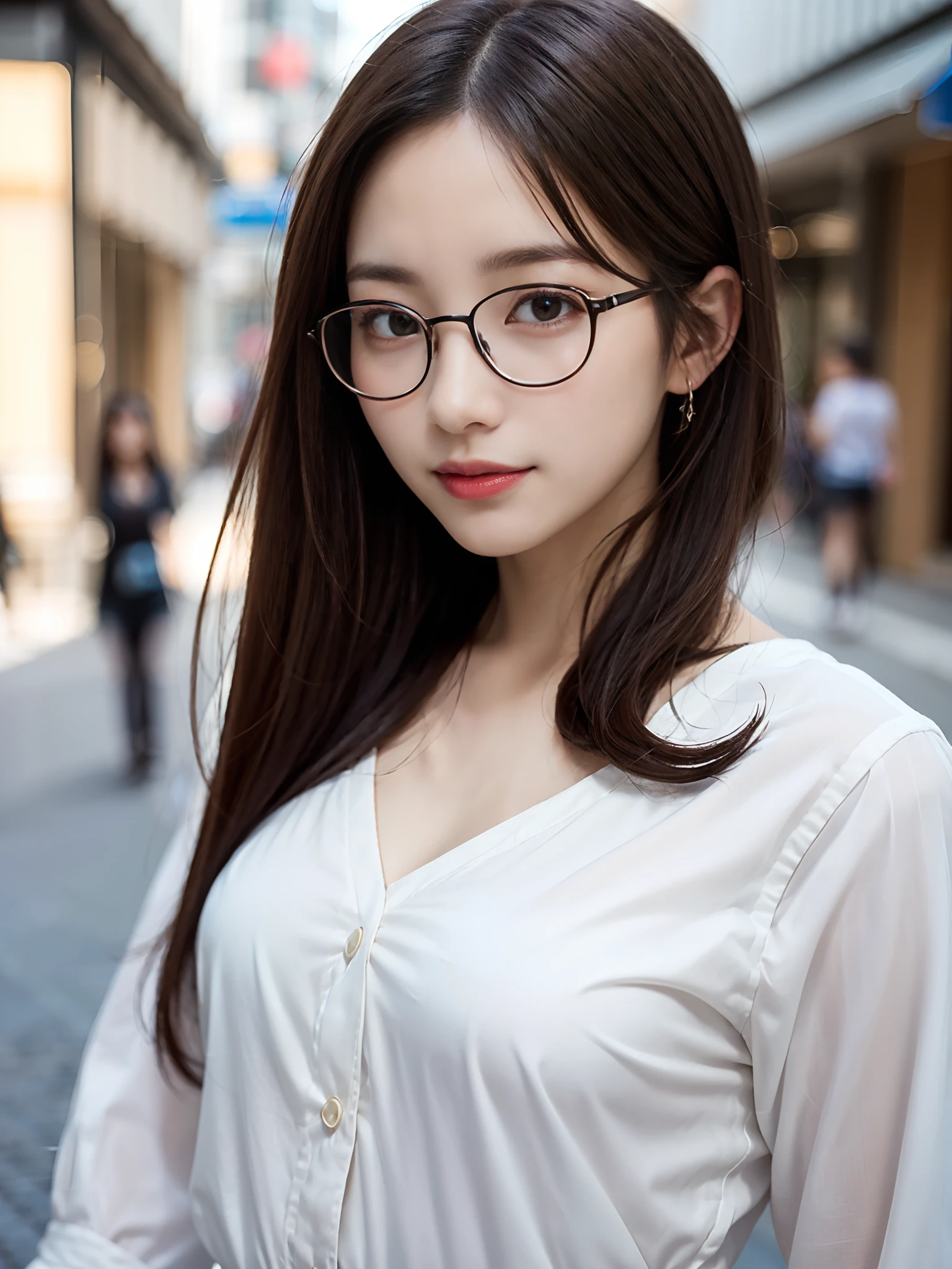 masutepiece, Best Quality, Illustration, Ultra-detailed, finely detail, hight resolution, 8K Wallpaper, Perfect dynamic composition, Beautiful detailed eyes, Women's Fashion Summer,Medium Hair,Small breasts natural color lip, Bold sexy poses,Smile,Harajuku、20 years girl、Cute、Sexy shot looking at camera、Dumpling Hair、Black-rimmed glasses
