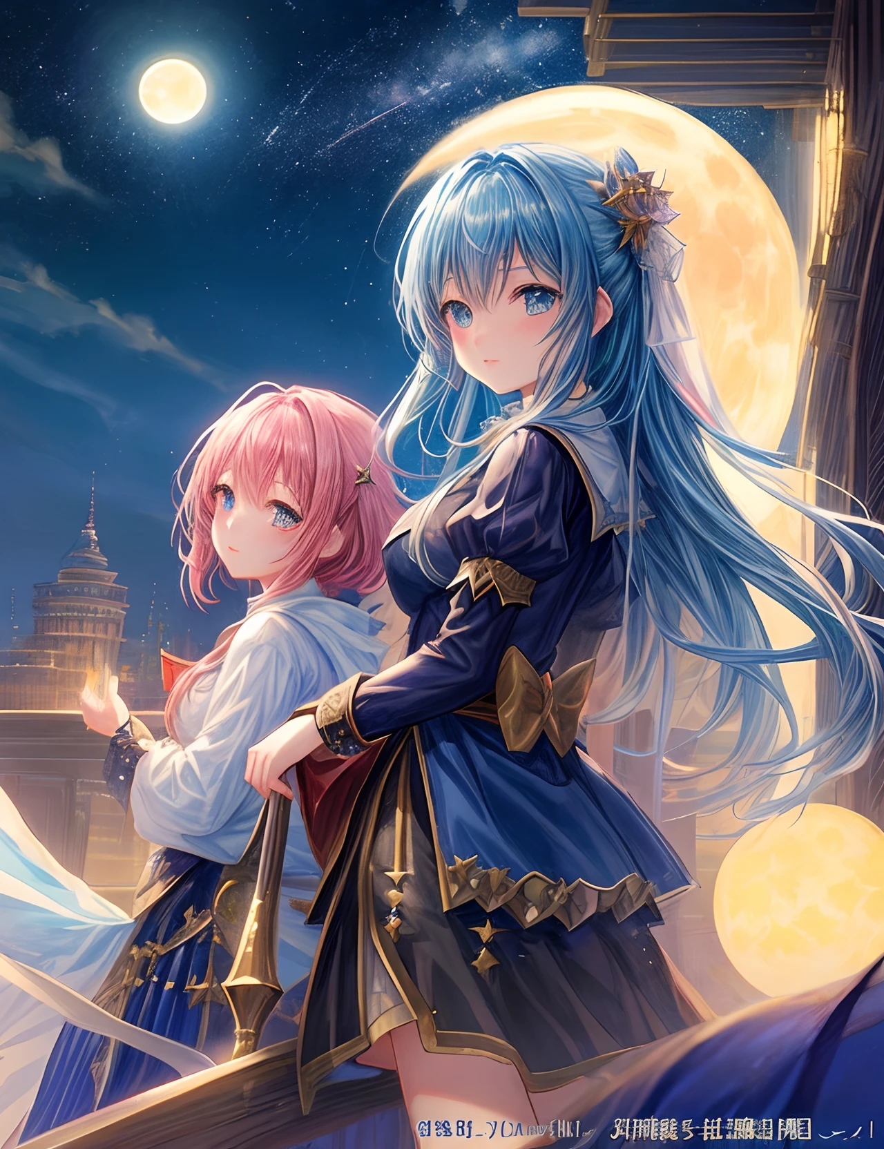 the met、Painting of a river with stars and moon in the sky、the met、Shining skyscrapers、Shine across the board、Skyscrapers、Concept art inspired by Mitsuoki Tosa、pixiv contest winners、top-quality、Fantasyart、beautiful anime scene、Bright moon、Moonlit star environment、Dream painting、Anime Background Art、Fantasy landscape art、fantasy knight、anime backgrounds、background artwork、Fantastic art、atmospheric anime、starrysky、Detail has been enhanced。