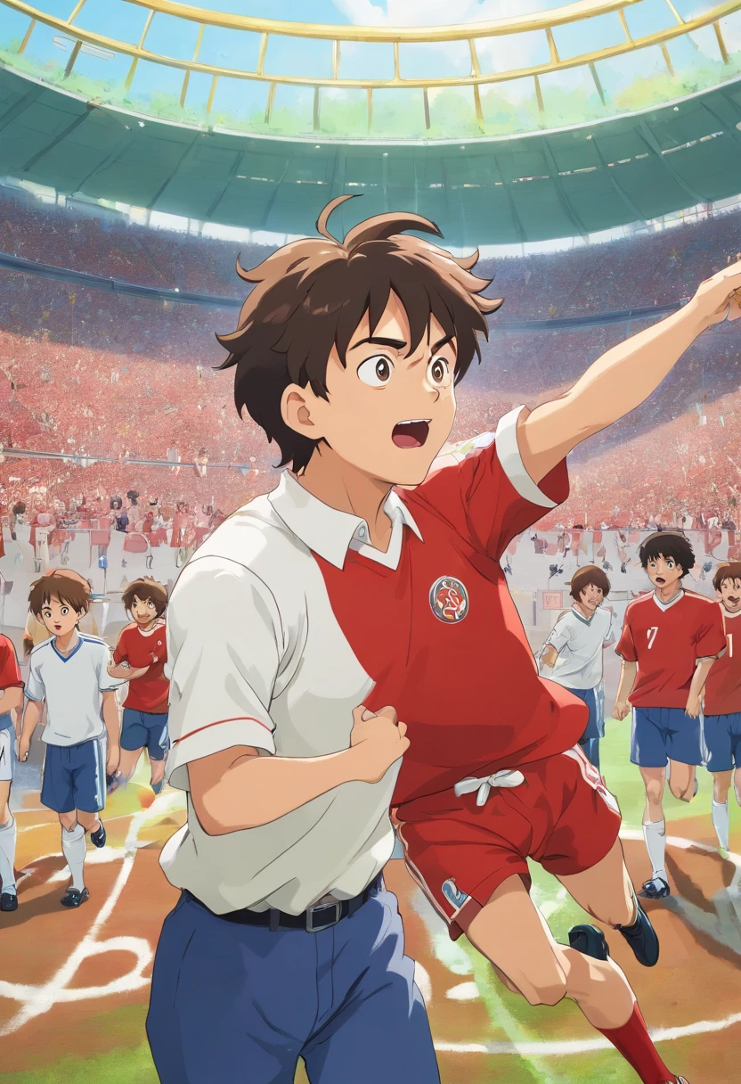 A imagem mostra um homem vestindo uma camisa branca e vermelha, provavelmente um jogador de futebol, que grita de boca aberta. He is in the center of the scene, and his expression suggests excitement or passion. The background shows other people in the area, some of which may be teammates or opponents. The focus of the image is on the man in the shirt, Capturing his intense reaction during the football game.