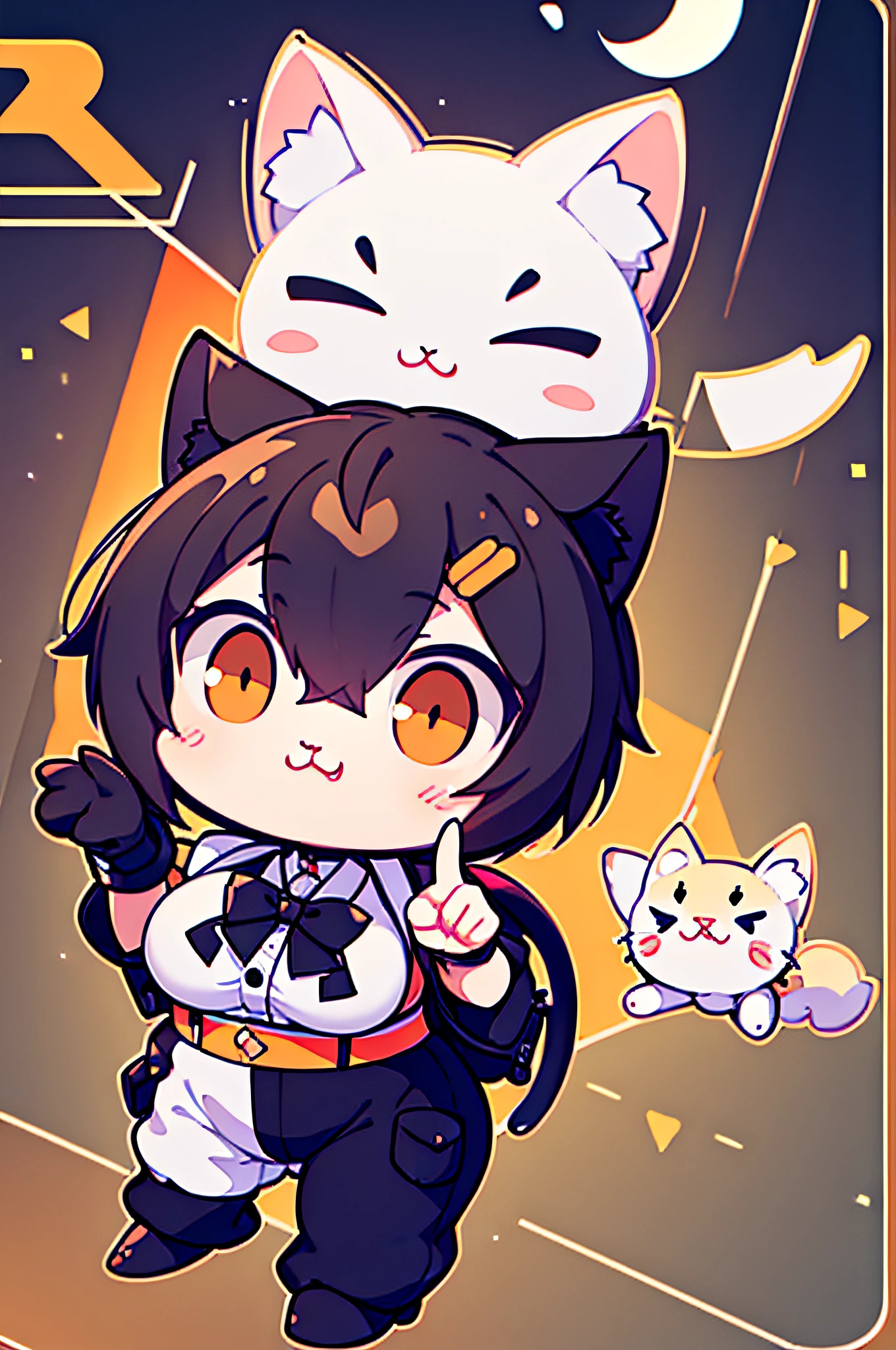 Little Cute Isometric Cat Emoji, Tuxedo Jack, Calico cat, hairy pubic，Cute big breasts, Pet Shop Background, Soft and muted colors, 3D Icon Clay Rendering, spring: 120 mm, 3D Blender Rendering, trending on polycount, Modular constructivism, Orange background, physically-based renderingt, The middle kitten raised her hand