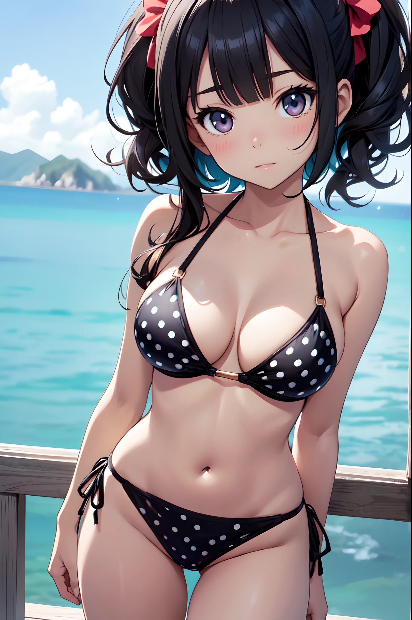 Illustration of a cute bikini model girl, (Anime style:1.2), masutepiece, Best Quality, ultra-detailliert, 4K, absurderes, hight resolution,BREAK,
1girl in, bikini model, Solo, (, Loli face:1.6), Huge eyes with intricate details, shiny eyes, Black long straight hair, Blunt bangs, Large breasts, Curve, BREAK,
(Glossy polka dot micro bikini top, cleavage),  BREAK,
Autumn Mountains々々, Petricular muscle, Lots of weeds, The tree々Sunlight passing between, , (Background blur), BREAK,
Full body, (Pause of bikini models:1.2), from the front side. BREAK,
Black hair, BREAK,slenderbody, (From below), (chest close-up:1.4)