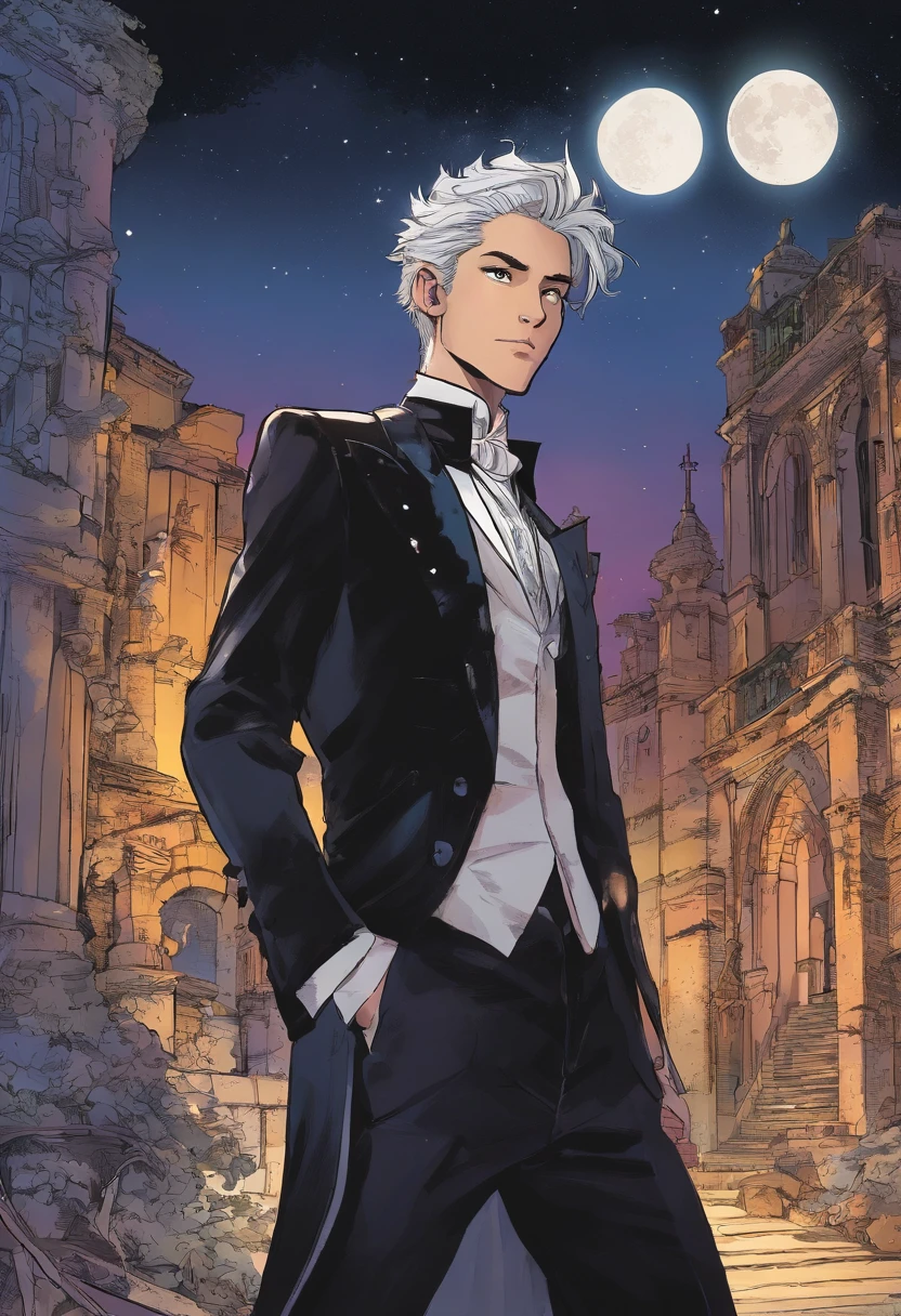 Boy with silver spiked hair、tailcoat、Abandoned churches、Darkness at night、Moonlight shining in