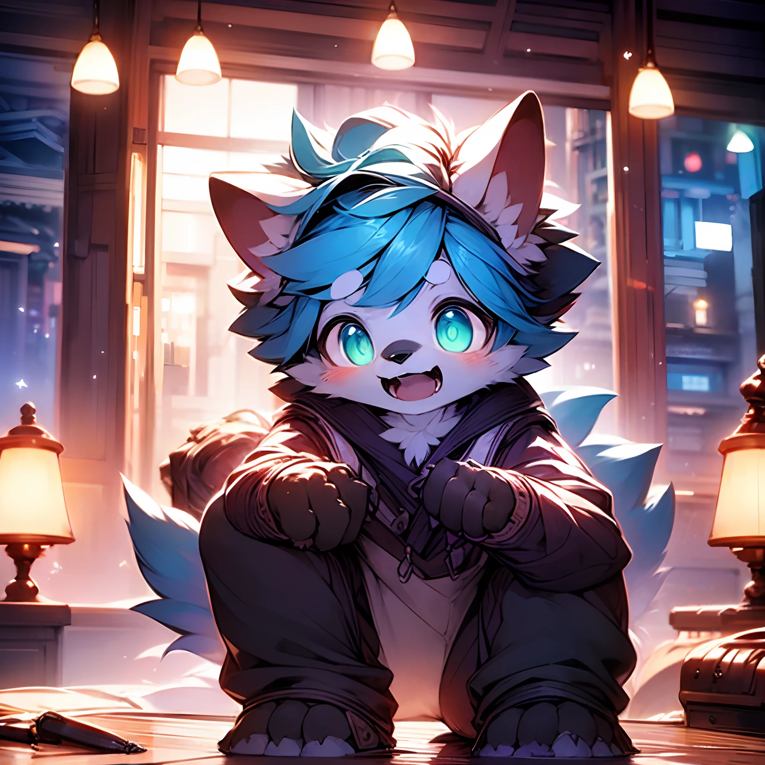 Cat, white hair, white cat ears, blue eyes, sky blue limbs, pink meat pads on paws, white cat tail, cute, big eyes, Shota, wearing a black sweatshirt, bar at night