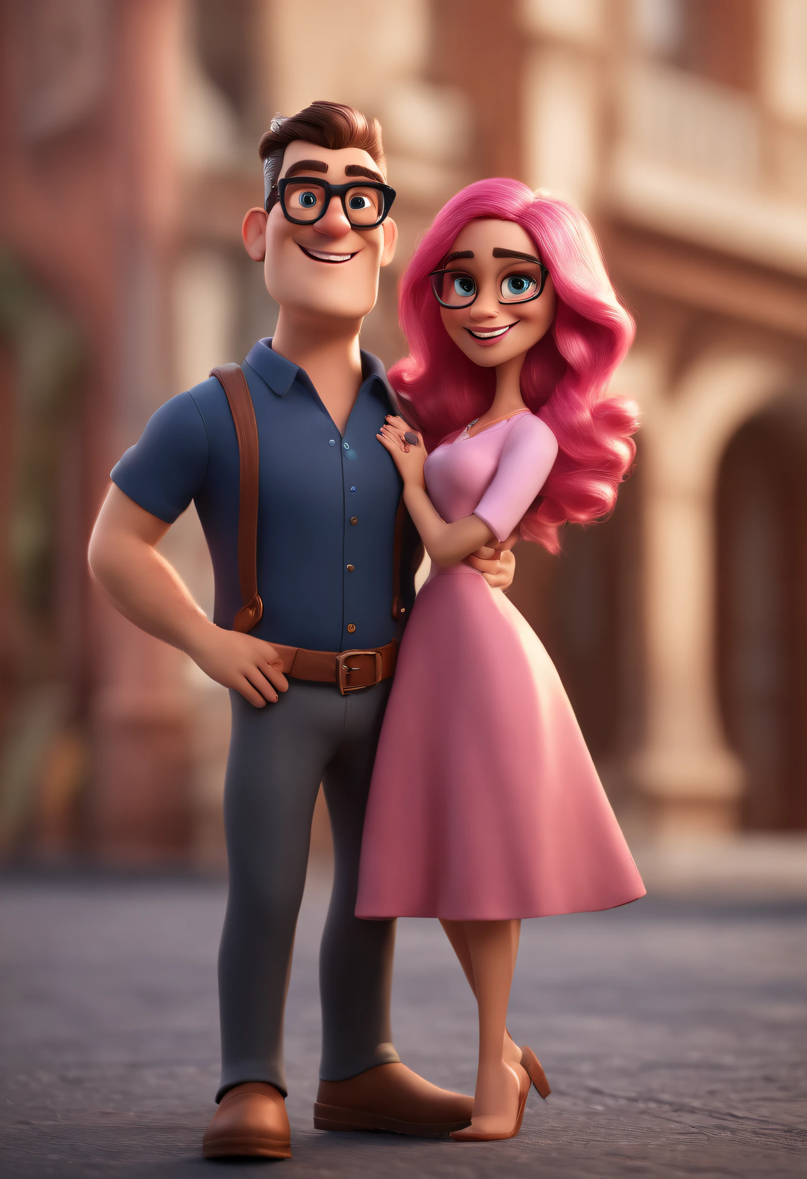 Cartoon character of a man photographer with black glasses and long hair and a woman photographer with small face and pink hair, animation character, Caractere estilizado, animation style rendering, 3D estilizado, Arnold Maya render, 3 d render stylized, toon render keyshot, Personagem 3D, Personagem 3D, 3d rendering stylized, 3 d character render, personagem de desenho animado, Personagem de close up, Pose de personagem, (Estilo Pixar) (master part:1.2) (Bokeh) (best quality) (pele detalhada) (textura detalhada) (8k) (argila) (Cinematic lighting) (foco nítido)