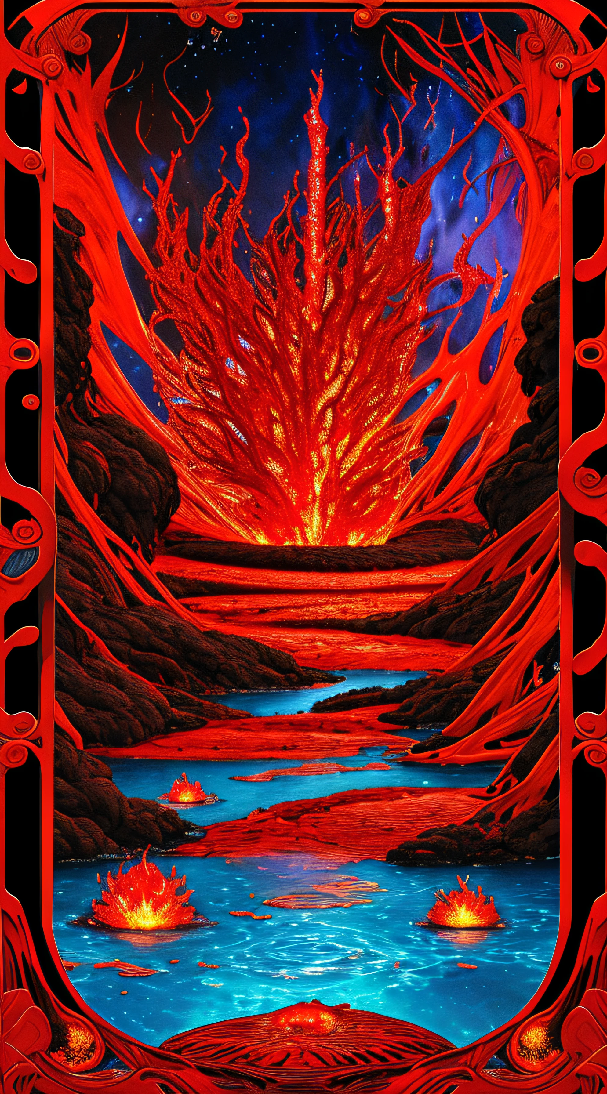 Surreal Tarot Dreamscape: A mesmerizing digital manipulation presenting a dreamscape where a lava become stronge to hell  of tarot cards. The lava reflects a hell, and the cards in the pool depict different scenes representing the dreamer's past, present, and future. As the dreamer touches a card, a beautiful and realistic photograph emerges, revealing a crucial moment in their life journey. red ambience. high quality