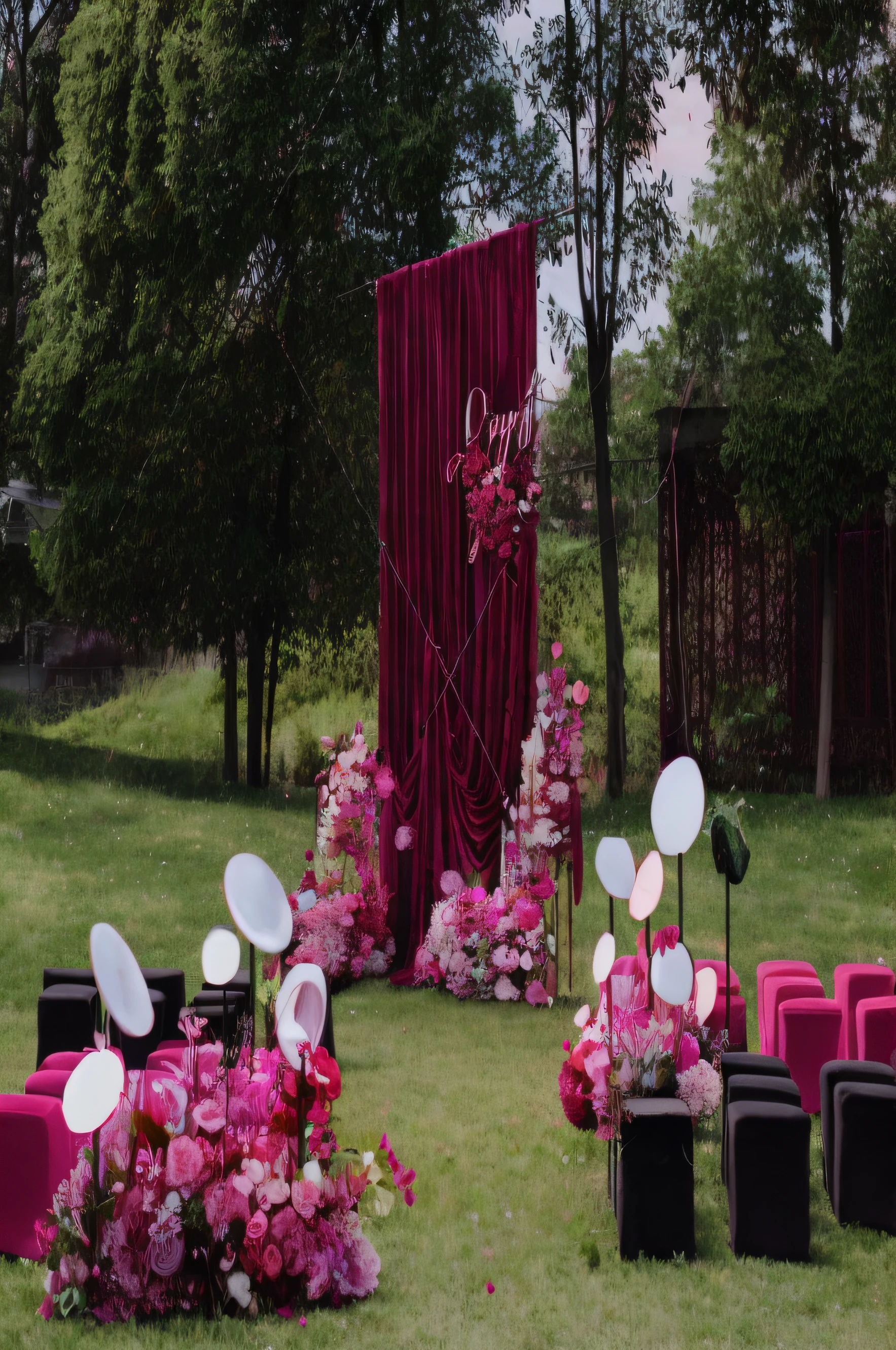 Chairs and tables with lots of flowers and lights are placed on the grass, draped in velvet and flowers, backside of scenography elements, stunning arcanum backdrop, pink and red color style, floral environment, pink and red color scheme, vibrant setting, crimson themed, solid color backdrop, Brown and magenta color scheme, Moody environment, pink and red colors, Pink Forest
