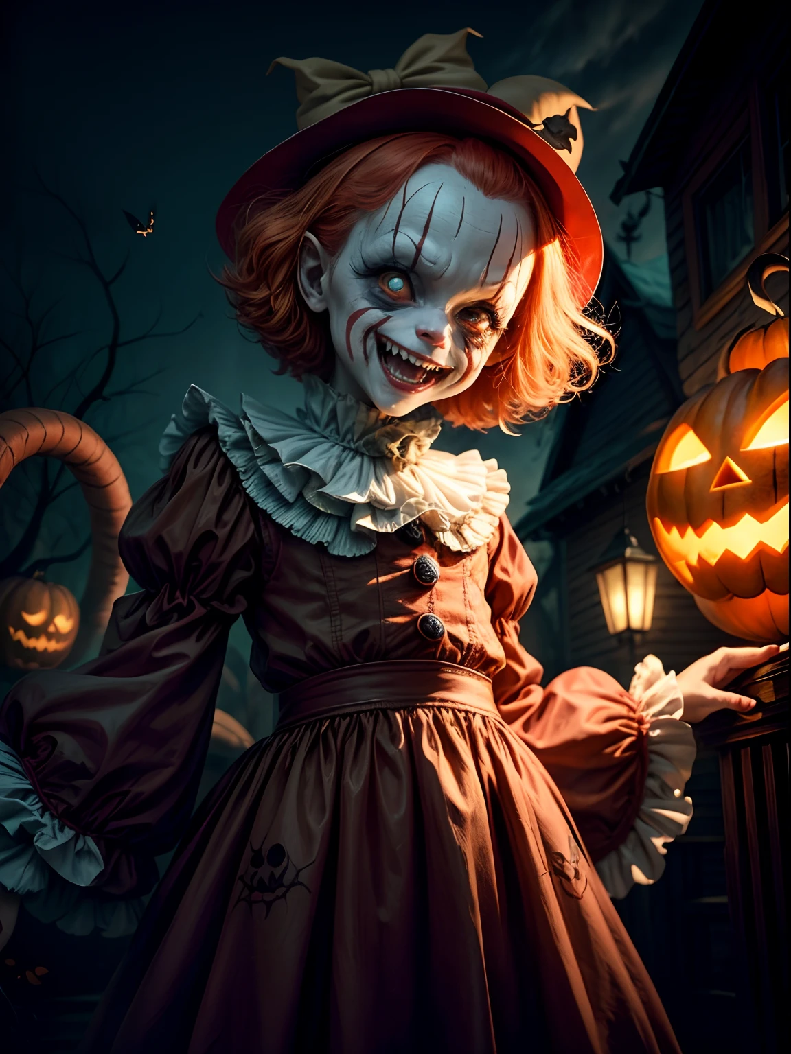 Penny Wise, The scary clown laughs at the camera，Attract its favorite prey on Halloween: Children,（best qualtiy，high qulity，absurderes，intricately details，tmasterpiece，cinematic ligh），Lens effects