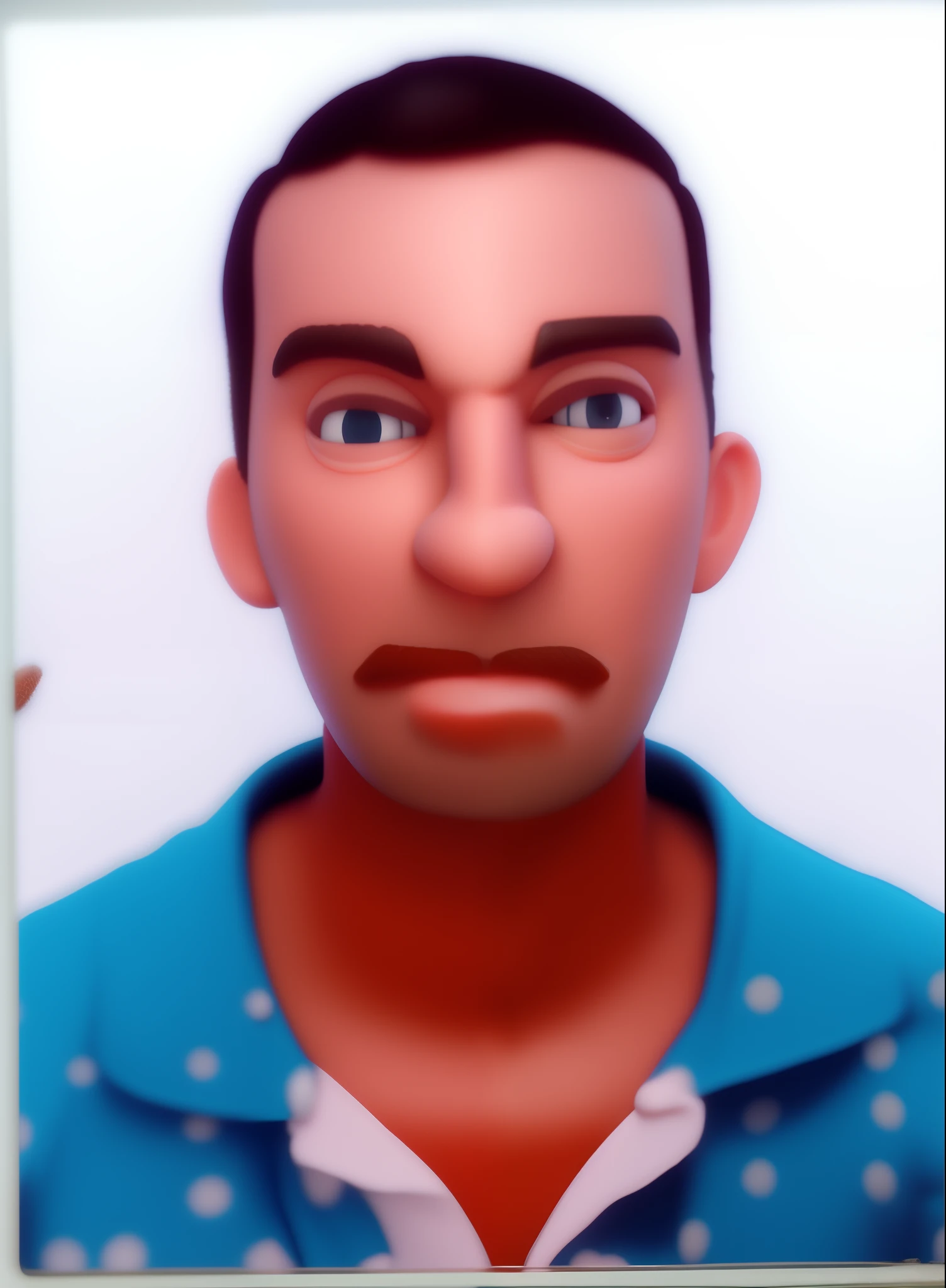 There's a man with a fake mustache and a fake face, pixar retrato 8 k foto, Retrato Weta da Pixar, Como um personagem da Pixar, retrato do corpo completo, como um personagem claymation, retrato pixar, foto de retrato em close-up, Aardman Studios, retrato de corpo inteiro, foto modo retrato, Aardman, solid background, um hiper realista, Ross Geller gritando