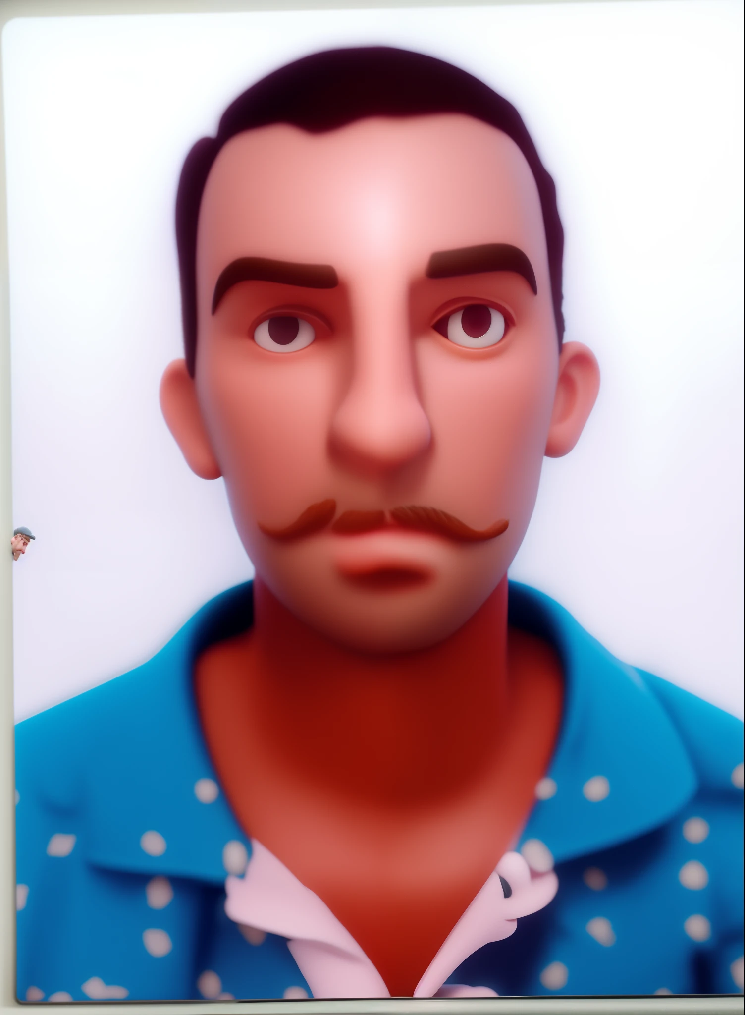 There's a man with a fake mustache and a fake face, pixar retrato 8 k foto, Retrato Weta da Pixar, Como um personagem da Pixar, retrato do corpo completo, como um personagem claymation, retrato pixar, foto de retrato em close-up, Aardman Studios, retrato de corpo inteiro, foto modo retrato, Aardman, solid background, um hiper realista, Ross Geller gritando