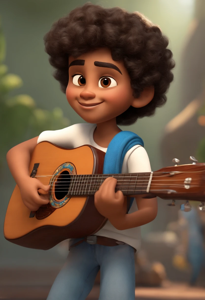 crie um banner no estilo Pixar. A boy with Indian features, moreno pardo com cabelos curtos, Castanhos escuros, Curly and slightly grayish appearance, mas jovem, usando uma camiseta, Wearing jeans and holding a classical guitar with 7 strings.