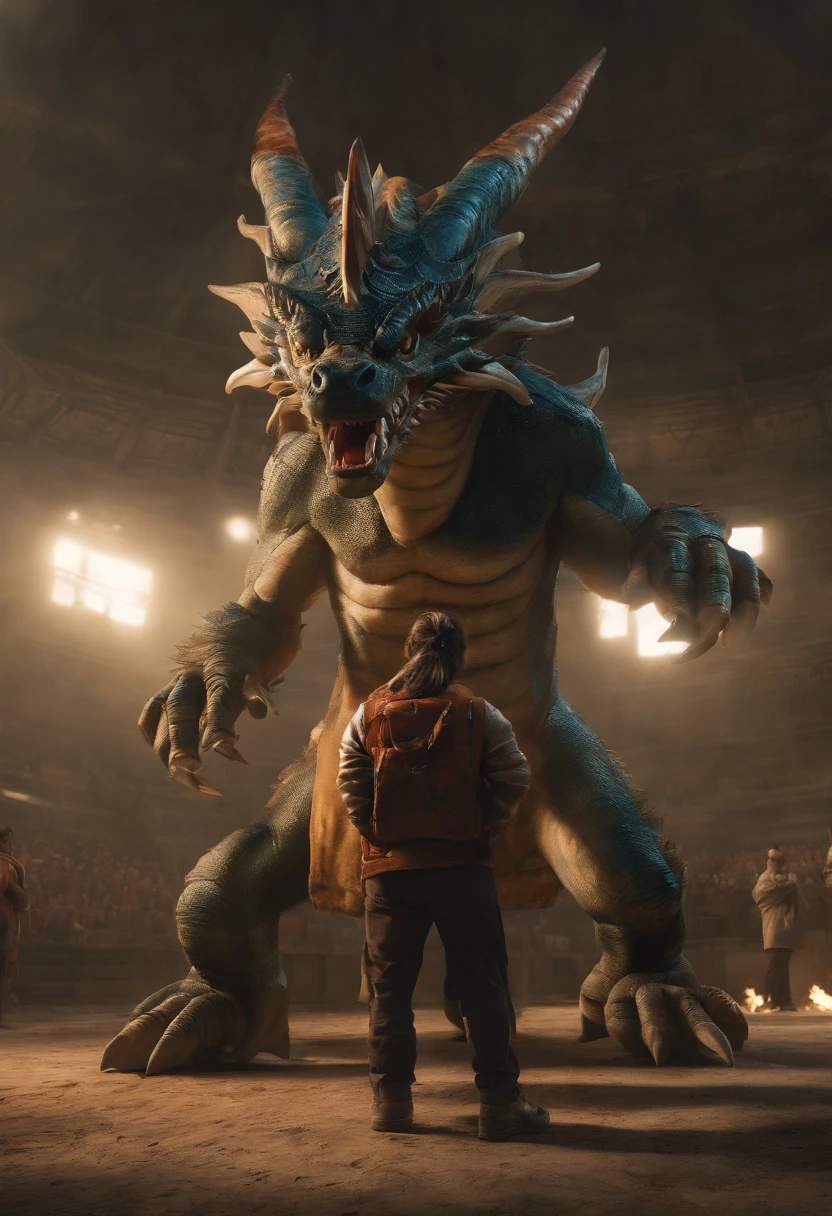 Asian-style blue dragon flying around a football stadium. The blue dragon's body is long and wavy with flames of fire, and a blue and white flag is held in his right hand. Ele deita fogo pela boca. A  boy gives a hug to the dragon [objeto Objeto], (detailed facial features:1.3), (Foto RAW, 16 mil, masutepiece, melhor qualidade: 1.2), (Ultrarrealismo, Realismo ultradenso e complexo: 1.3), (Ampla profundidade de campo, Radiation Mapping, ray tracing, raios de deus: 1.2), high dynamic range, Vivid, Detalhes ricos, Sombras e realces claros, Realistic, formidable, aumento do contraste, 4k