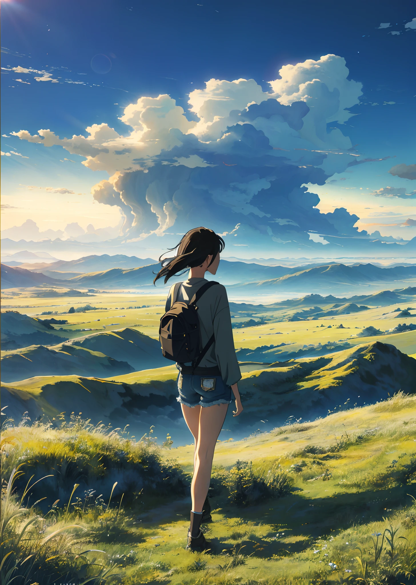(best quality,highres,ultra-detailed),(realistic:1.37) vast sky, beautiful skyline, expansive grassland, dramatic and intense scene, visually captivating, towering North Star, colorful natural light. Long-sleeved top, denim shorts, backpack on the back, girl