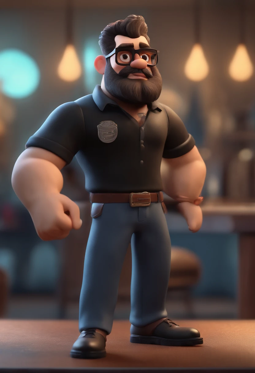Cartoon character of a man with black glasses and a black polo shirt, cabelo liso, With beard and old school tattoo on his arm, animation character, Caractere estilizado, animation style rendering, 3D estilizado, Arnold Maya render, 3 d render stylized, toon render keyshot, Personagem 3D, Personagem 3D, 3d rendering stylized, 3 d character render, personagem de desenho animado, Personagem de close up, Pose de personagem, (Estilo Pixar) (master part:1.2) (Bokeh) (best quality) (pele detalhada) (textura detalhada) (8k) (argila) (Cinematic lighting) (foco nítido