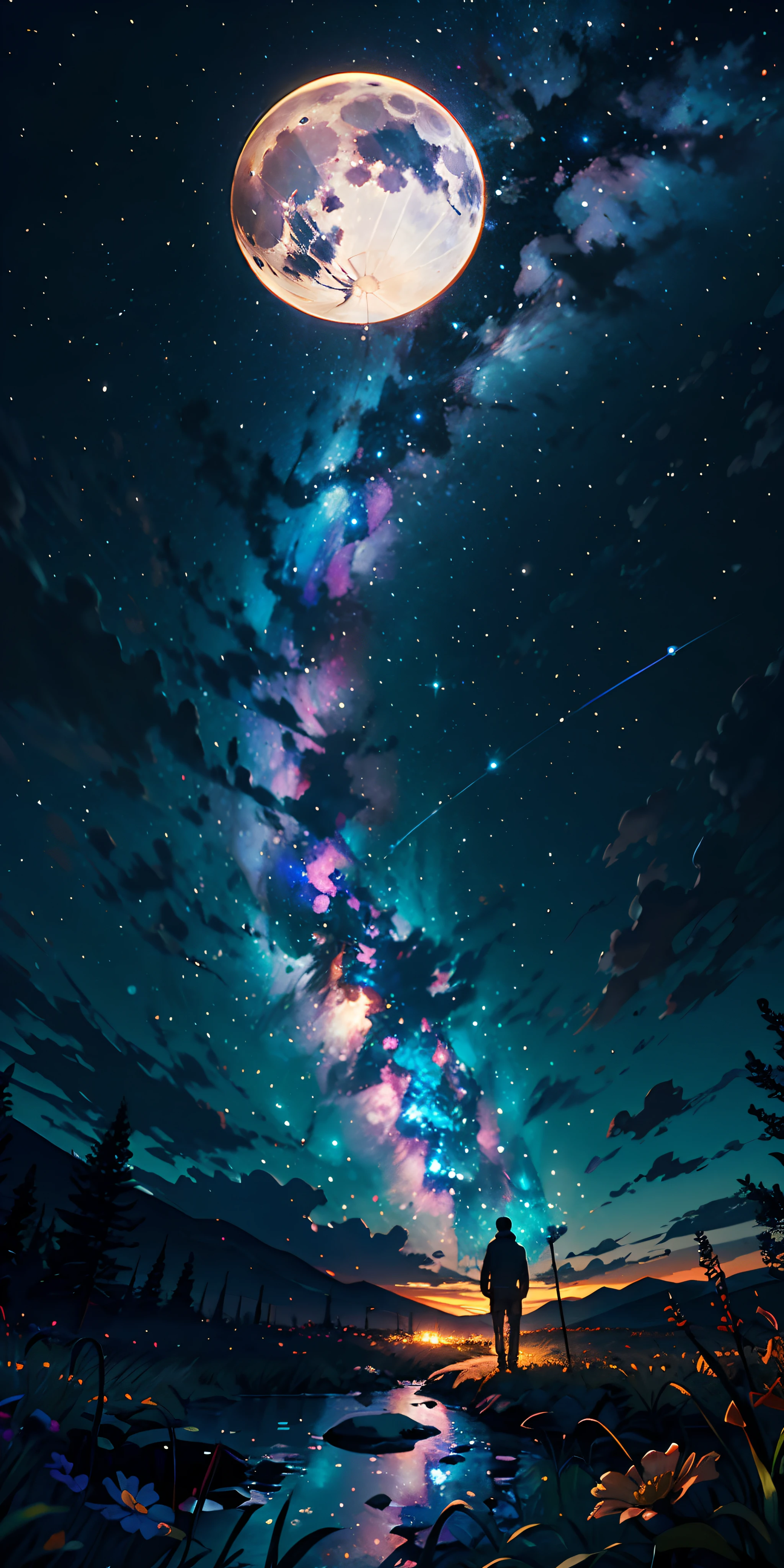Expansive landscape photograph, (view from below with a view of the sky and the wilderness below), lawyer standing in a flower field looking up, (full moon: 1.2), (shooting star: 0.9), (nebula: 1.3), distant mountain, tree break production art, (warm light source: 1.2), (firefly: 1.2), lamp, purple and orange, intricate detail, volume lighting BREAK (masterpiece: 1.2), (highest quality ), 4k, ultra-detailed, (dynamic configuration: 1.4), highly detailed and colorful details (iridescent: 1.2), (sparkling lighting, atmospheric lighting), dreamy, magical, (solo: 1.2)