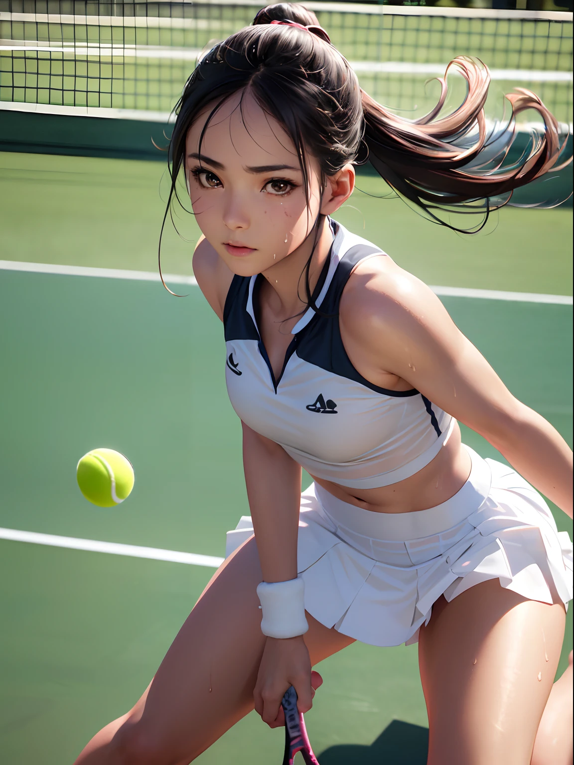 Best Quality, masutepiece,  High resolution, (Photorealistic:1.4), Raw photo, 1 beautiful girl ,Dynamic Angle,Female　Tennis player,Skirt ,small head, Glowing skin, Sweat,At the tennis venue,(Detailed beautiful face:1.4),detailed skins,Detailed eyes,detailed hairs,Cool,Beautiful,nice legs,