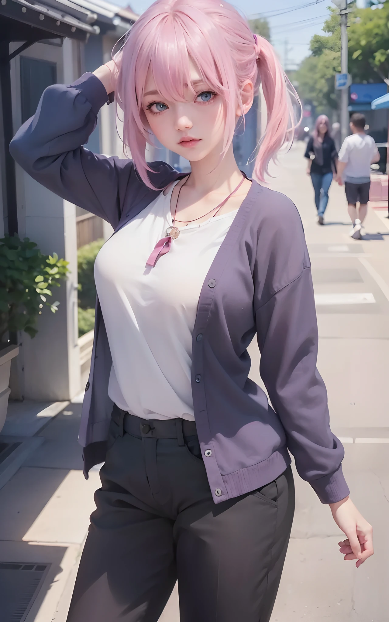 best quality, ultra high res, (photorealistic:1.4), 8k resolution, girl, (pink hair:1.3) , realistic blue eyes, (realistic hair:1.2), (Korean girl:1.2), (realistic eyes:1.2), (beauty face:1.3), perfect body, white pale skin, small breast, cleavage, , (eyes looked up:1.3), petite , Sports bikini, flat chest