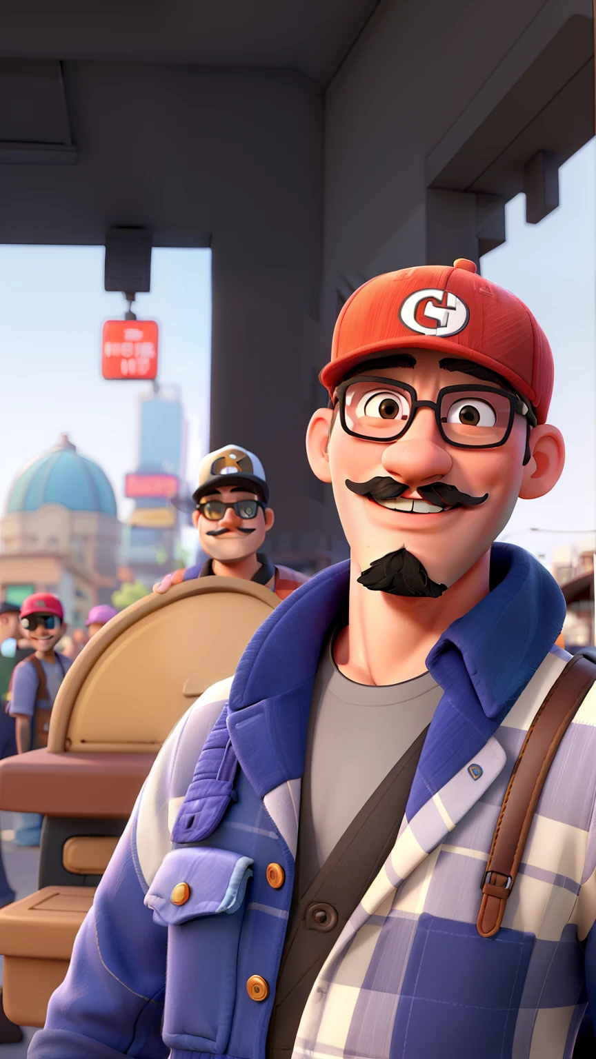(best quality,highres:1.2),smiling men in sunglasses and curved brim caps, stylish mustache and goatee, lone figure in a vibrant scene, detailed expressions, playful atmosphere, vibrant colors, street fashion, urban setting, stylish poses, natural lighting, casual and confident vibe, male fashion, trending accessories
